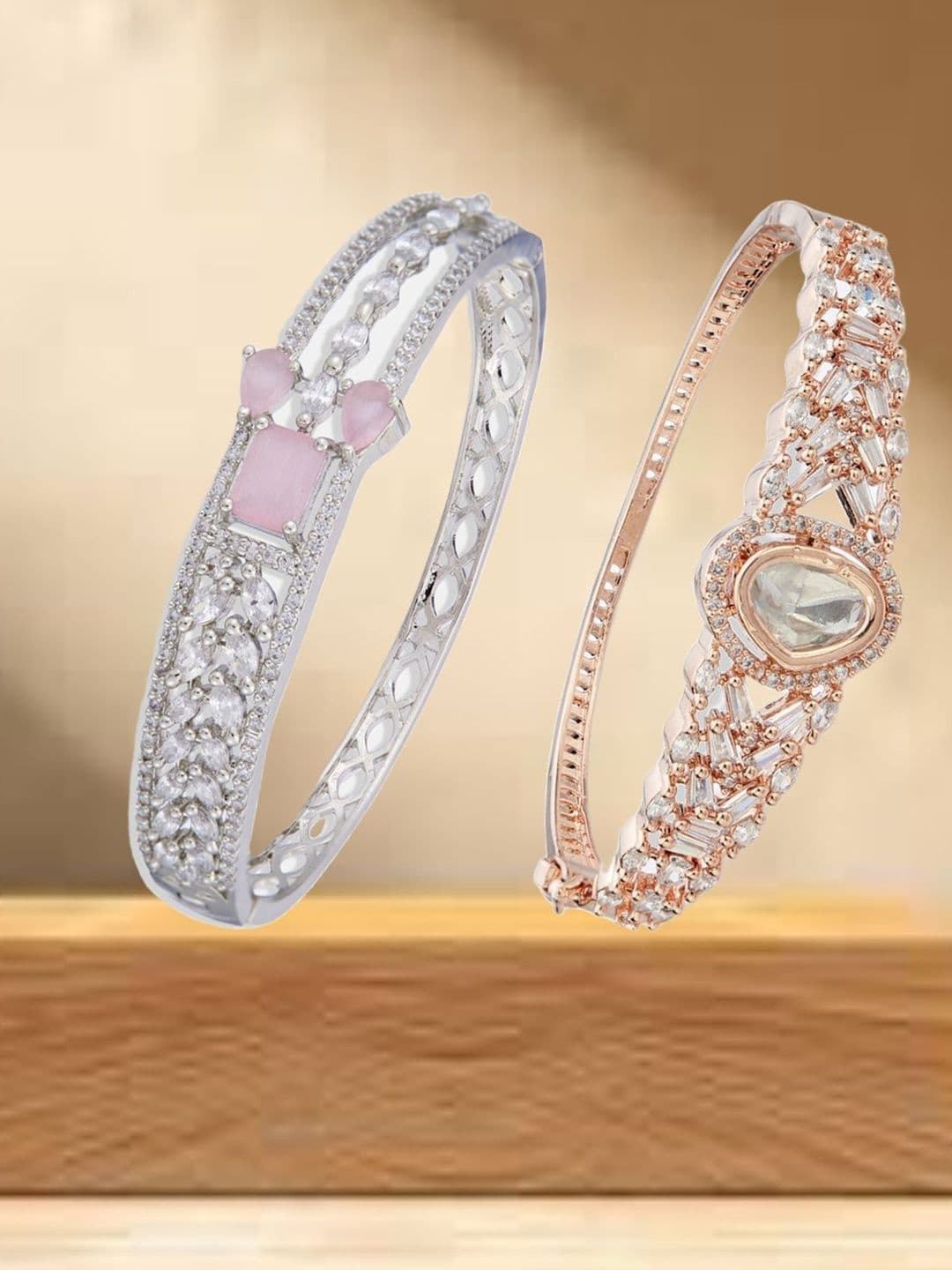 ATIBELLE Women Set of 2 Brass Cubic Zirconia Rose Gold-Plated Kada Bracelet