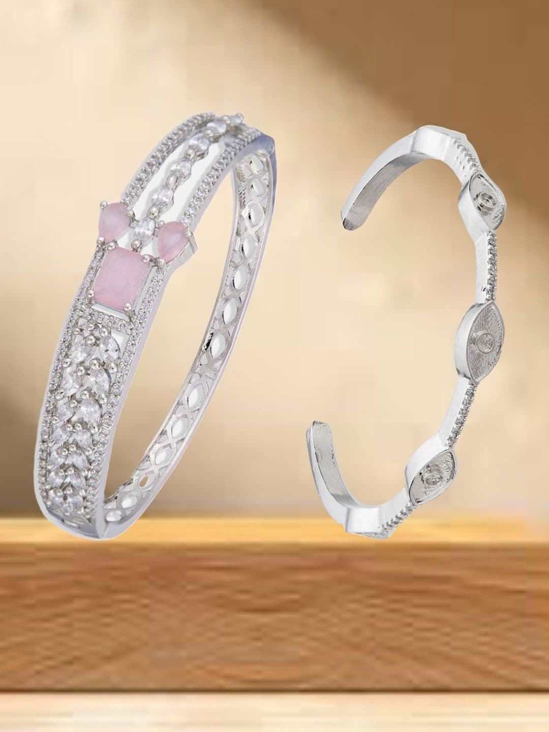 ATIBELLE Women 2 Brass Cubic Zirconia Silver-Plated Kada Bracelet