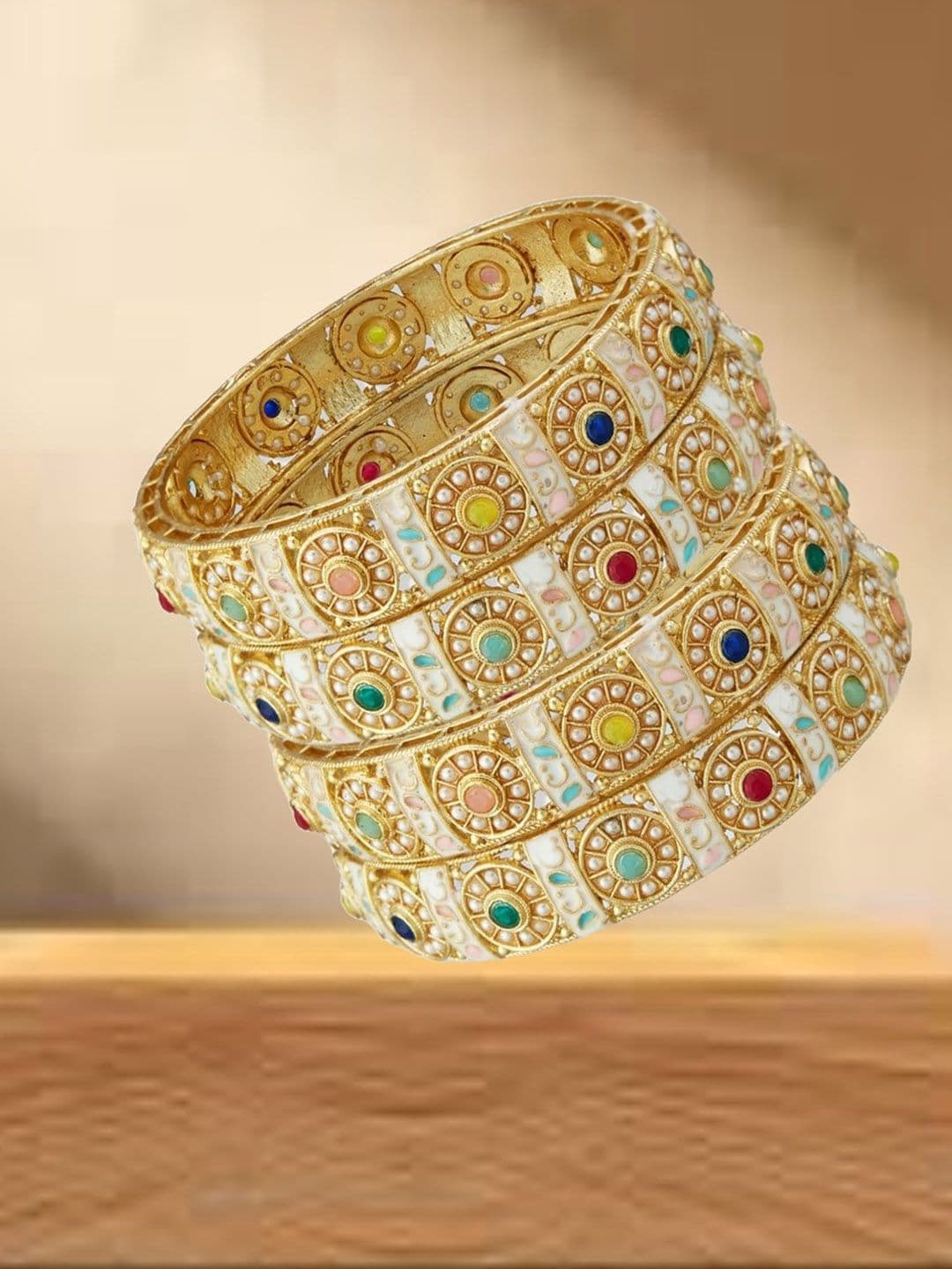 ATIBELLE Set Of 2 Gold-Plated Stone-Studded & Beaded Bangles - Image 1