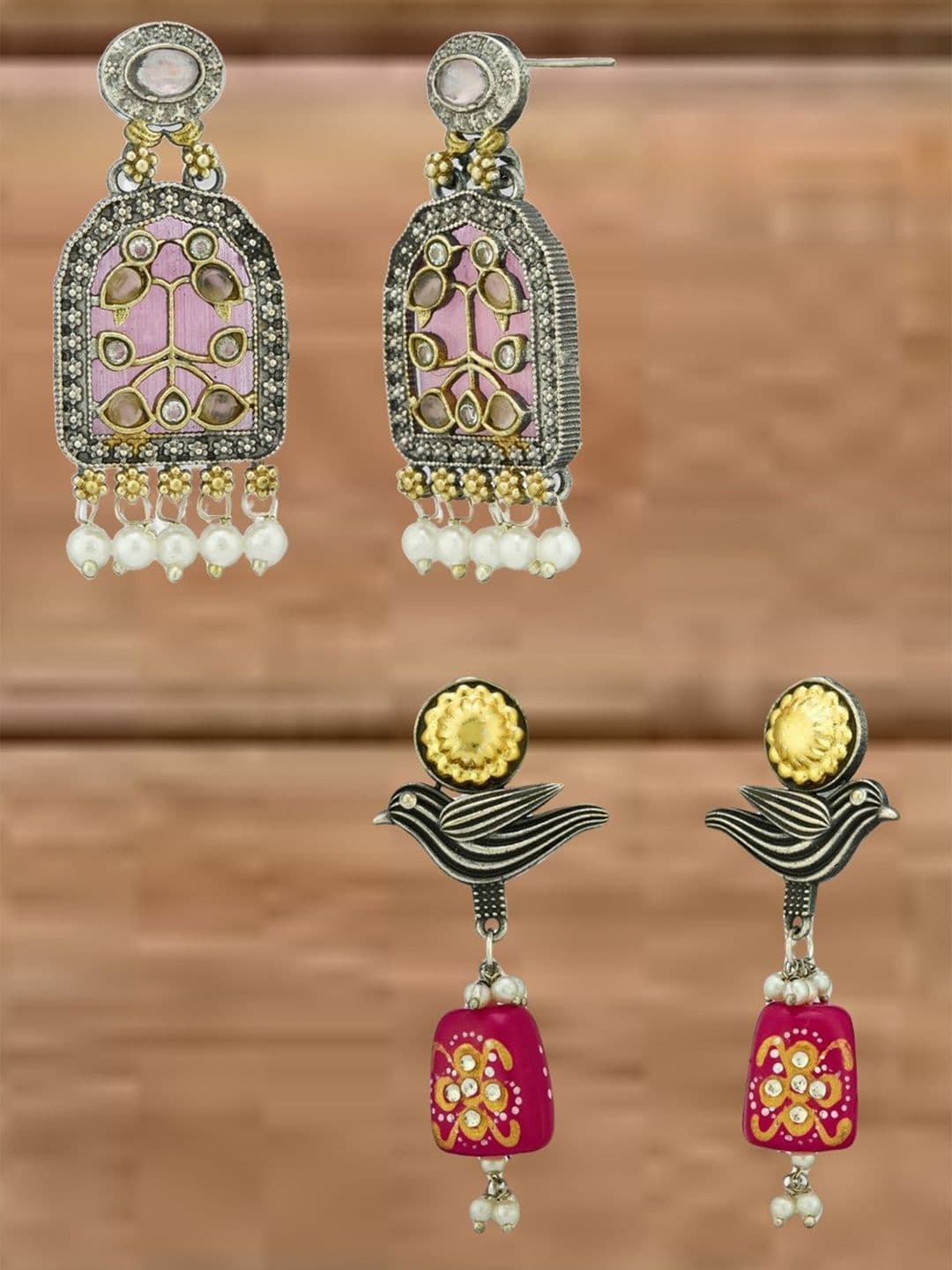 ATIBELLE Set Of 2 German Silver Plated Artificial Stone Studded & Beaded Drop Earrings - Image 1
