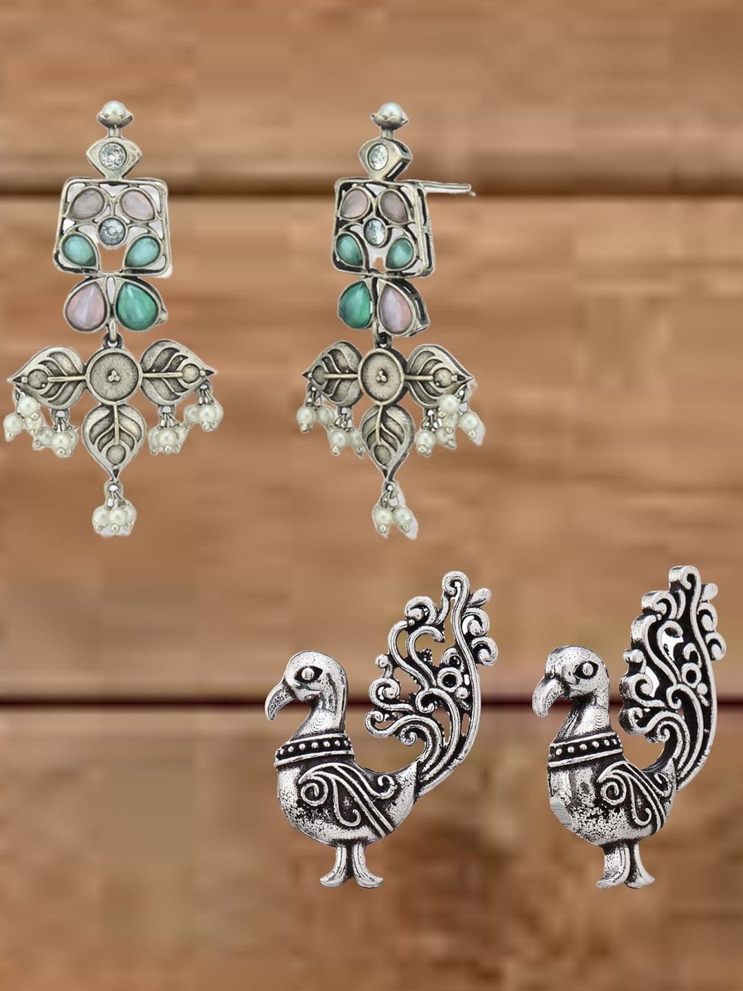ATIBELLE Set Of 2 German Silver-Plated Kundan Studded Oxidised Contemporary Drop Earrings