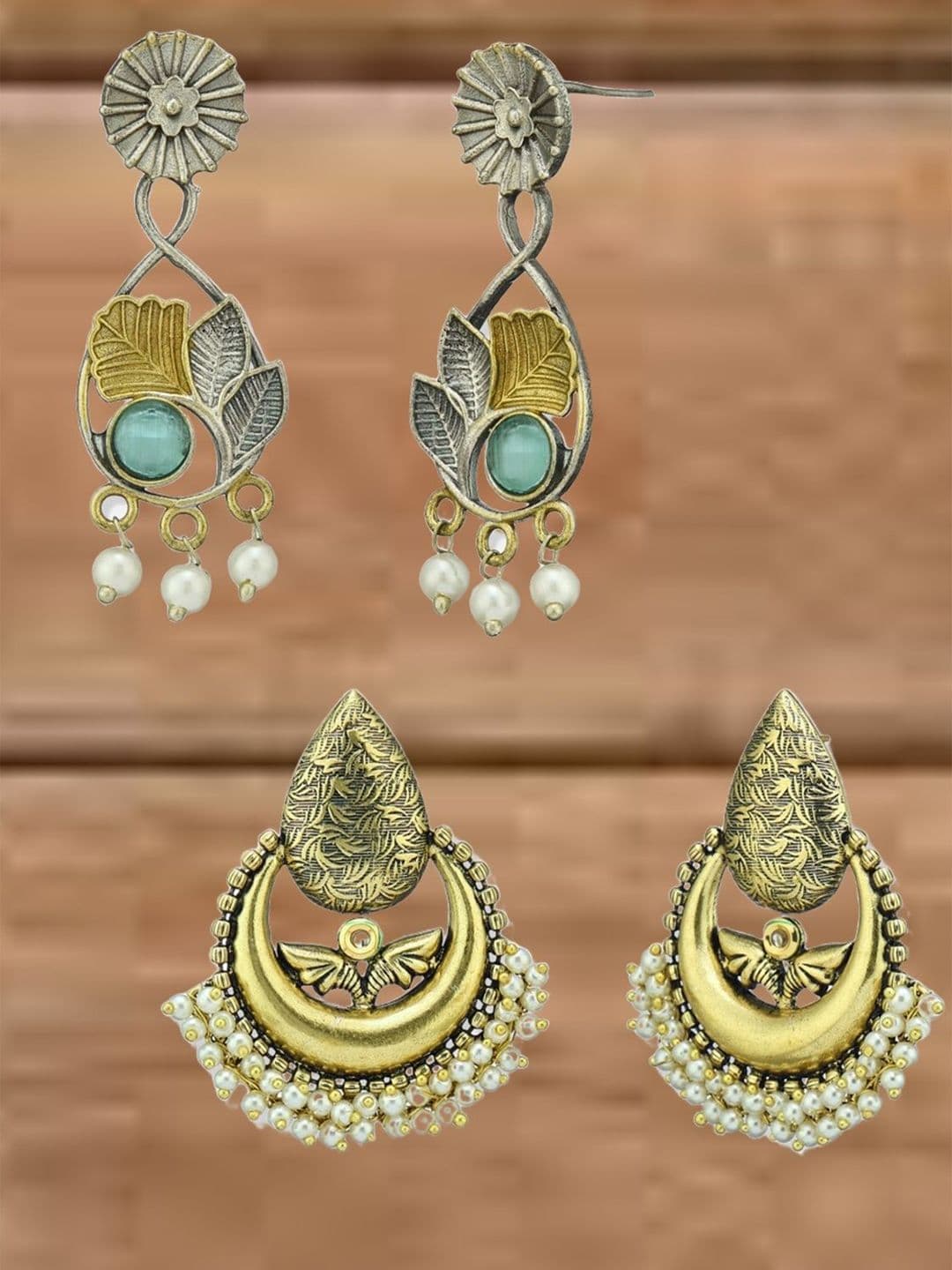 ATIBELLE Set Of 2 German Silver Plated Artificial Stone Studded & Beaded Drop Earrings