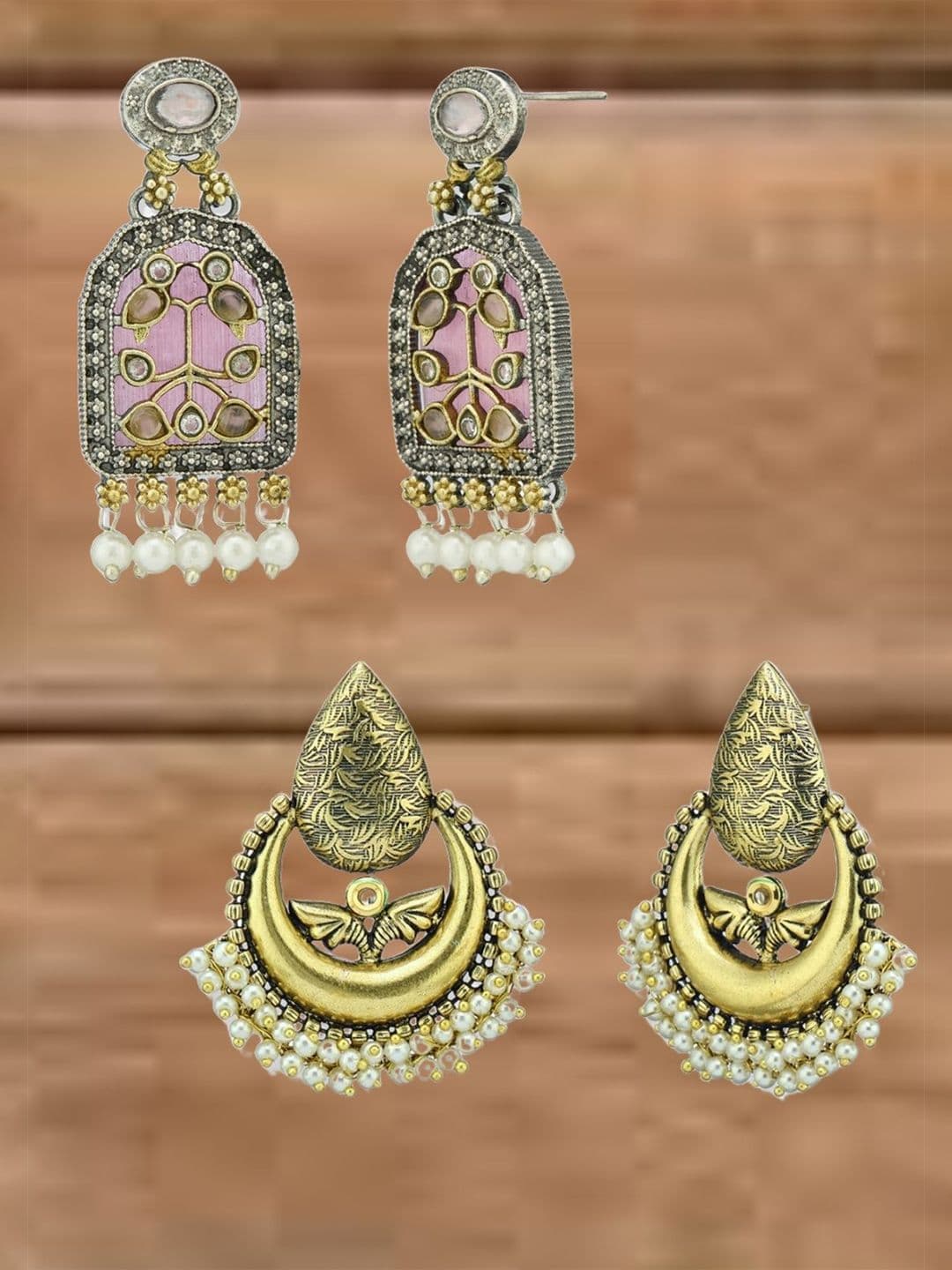 ATIBELLE Set Of 2 German Silver Plated Artificial Stone Studded & Beaded Drop Earrings