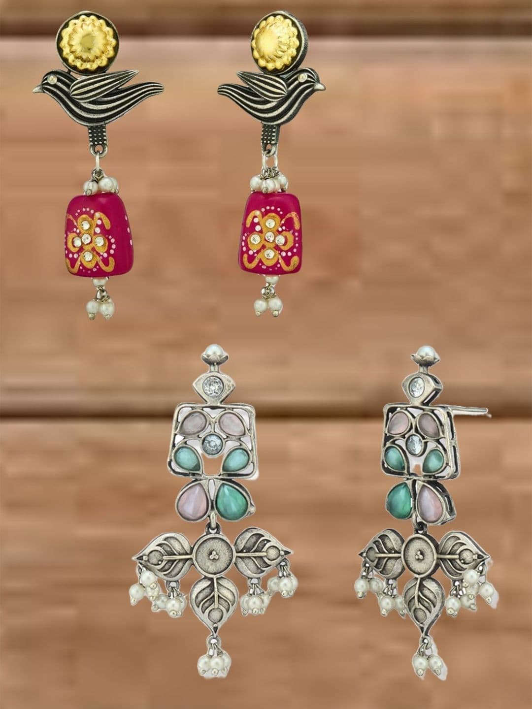 ATIBELLE Set Of 2 German Silver Plated Kundan Studded Contemporary Shape Drop Earrings