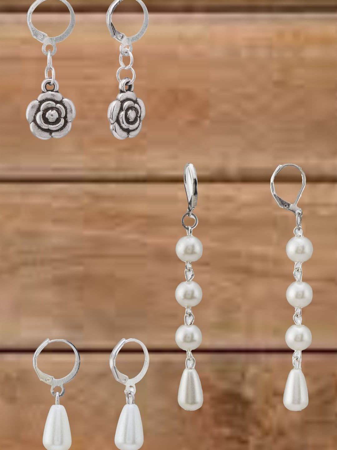 ATIBELLE Set Of 3 German Silver Plated Artificial Stone Studded & Beaded Drop Earrings - Image 1