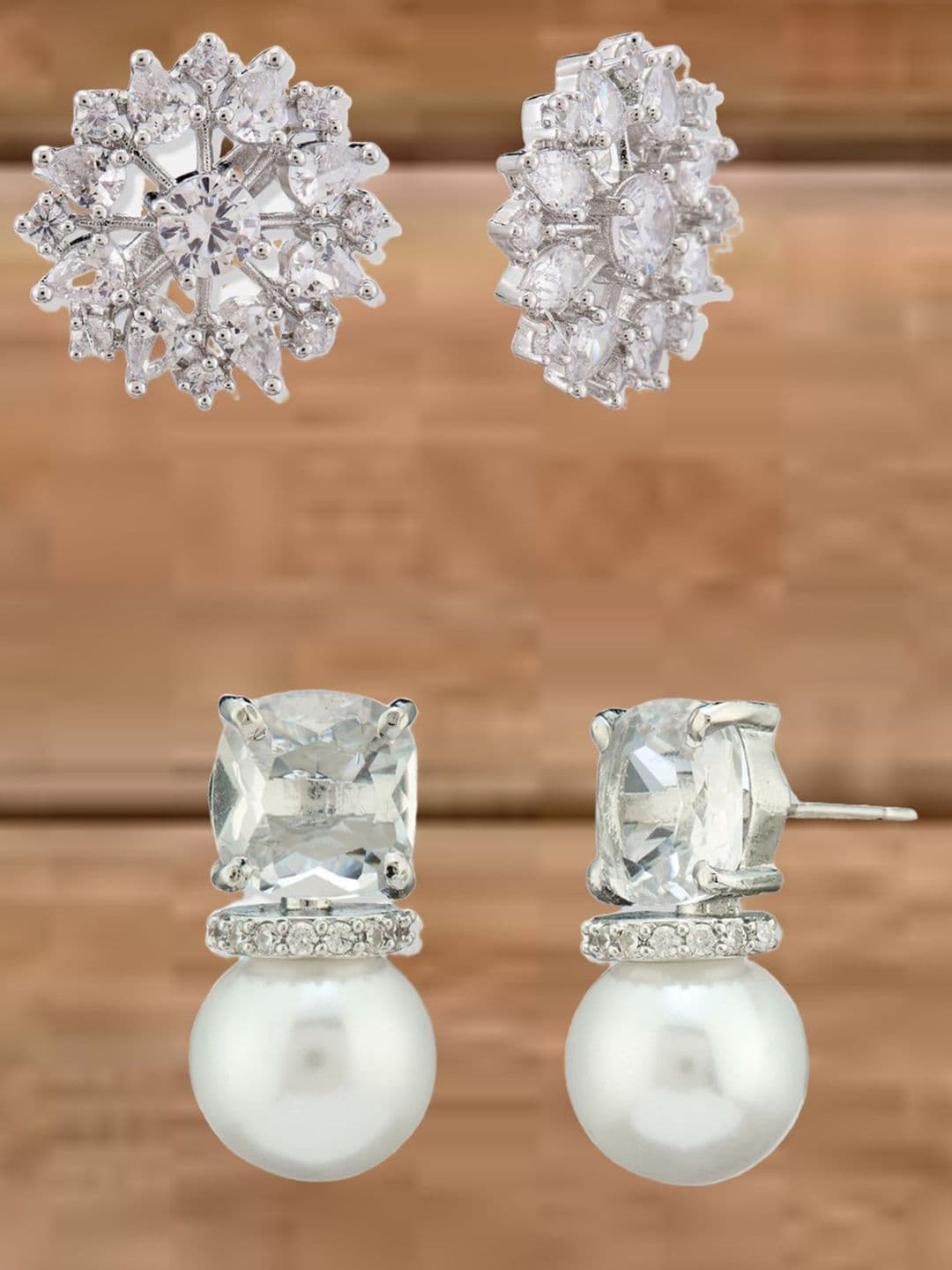 ATIBELLE Set Of 2 Silver Plated Cubic Zirconia Studded Geometric Shape Studs