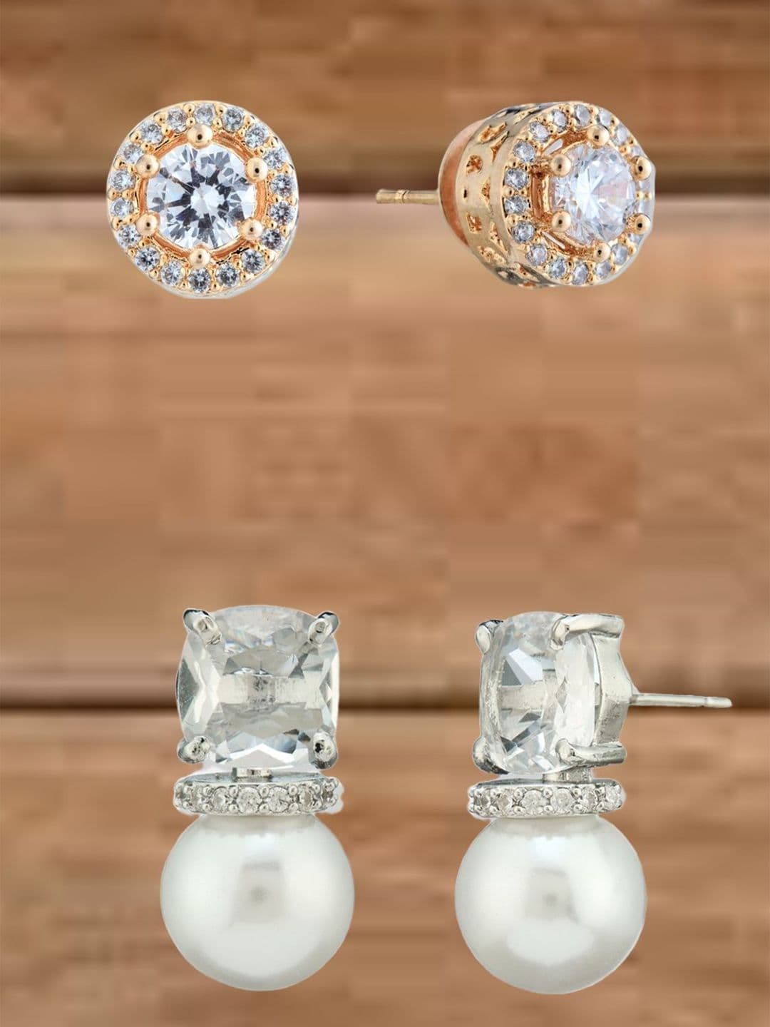 ATIBELLE Set Of 2 Silver Plated Cubic Zirconia Studded Circular Shaped Studs - Image 1