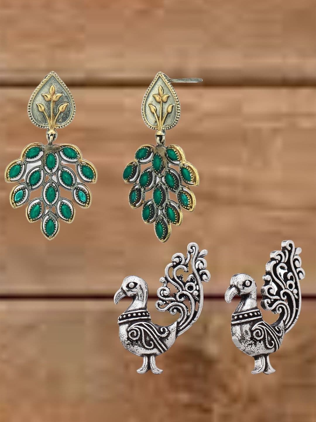 ATIBELLE Set Of 2 German Silver Plated Artificial Stones Studded & Beaded Drop Earrings - Image 1