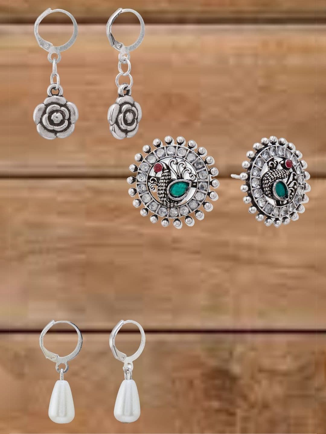 ATIBELLE Set Of 3 Silver-Plated Artificial Stones Studded & Beads Beaded Drop Earrings - Image 1