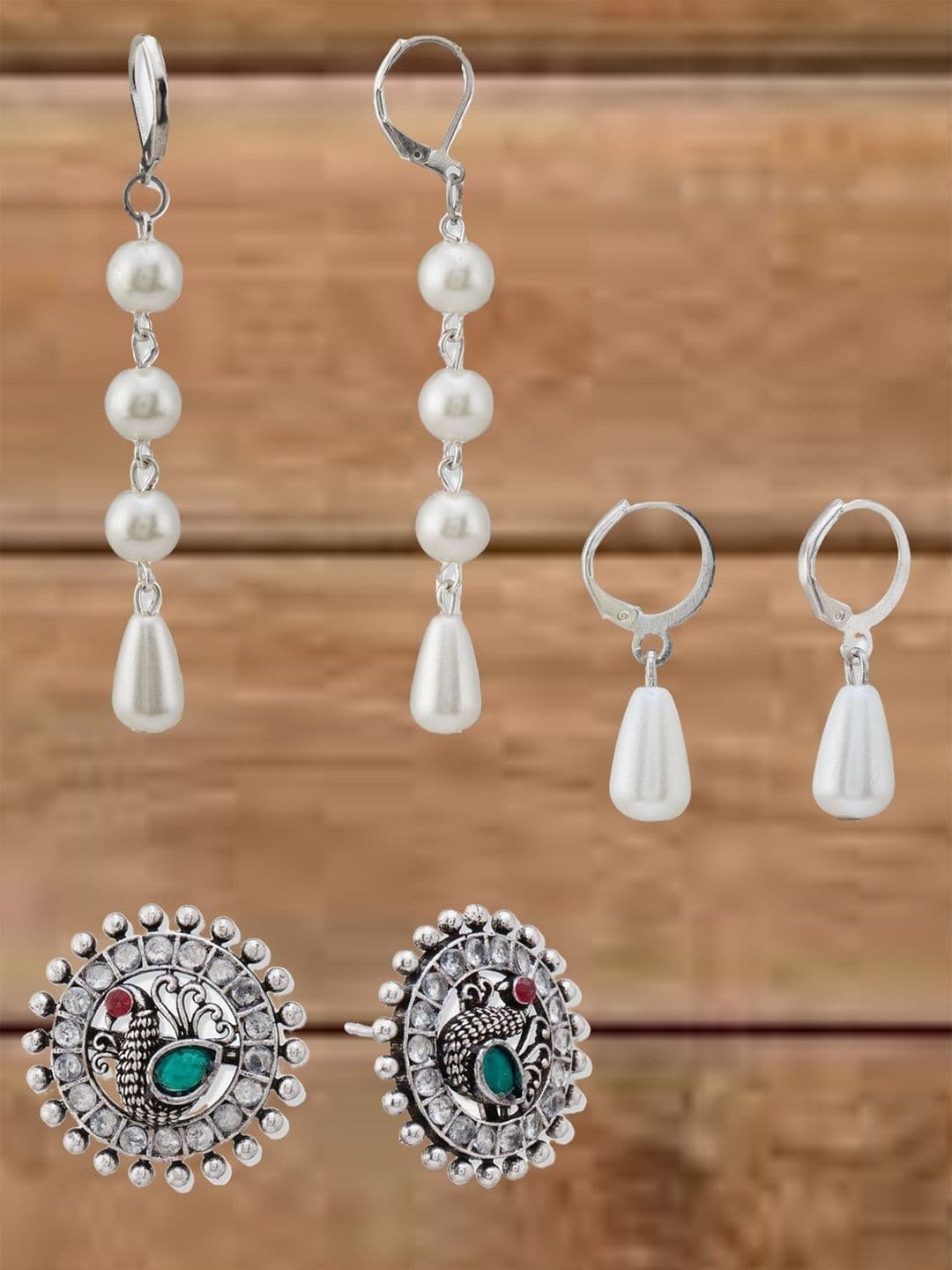 ATIBELLE Set Of 3 German Silver Plated Artificial Stones Studded Teardrop Drop Earrings