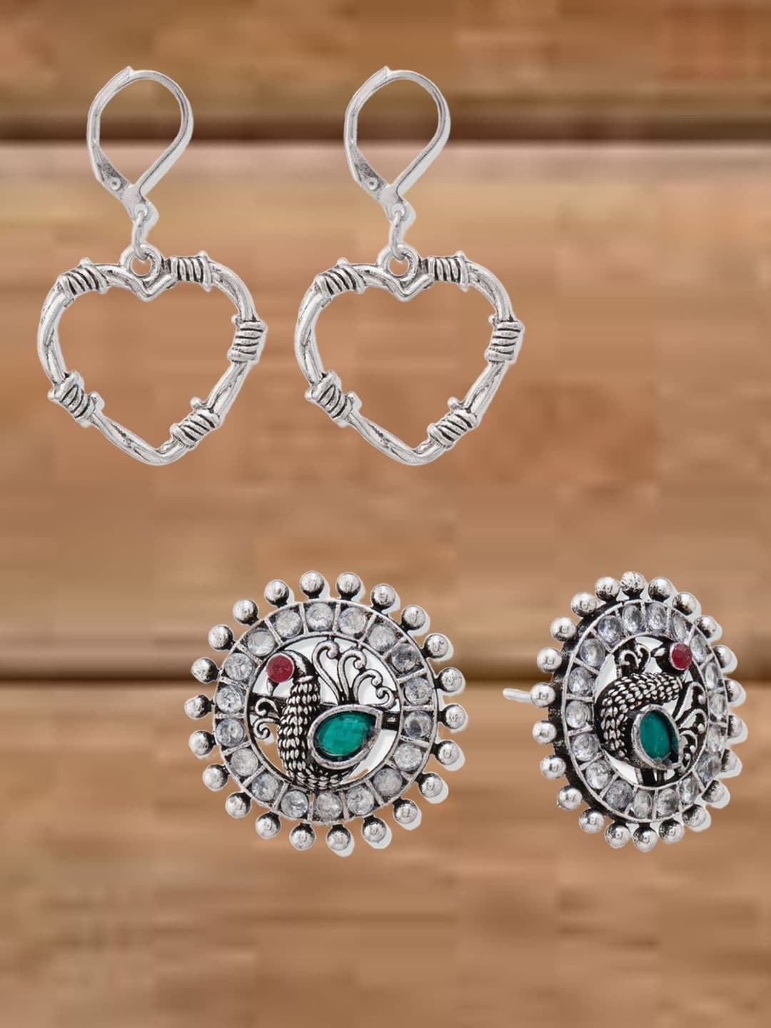 ATIBELLE Set Of 2 German Silver Plated Artificial Stone Studded Circular Studs - Image 1