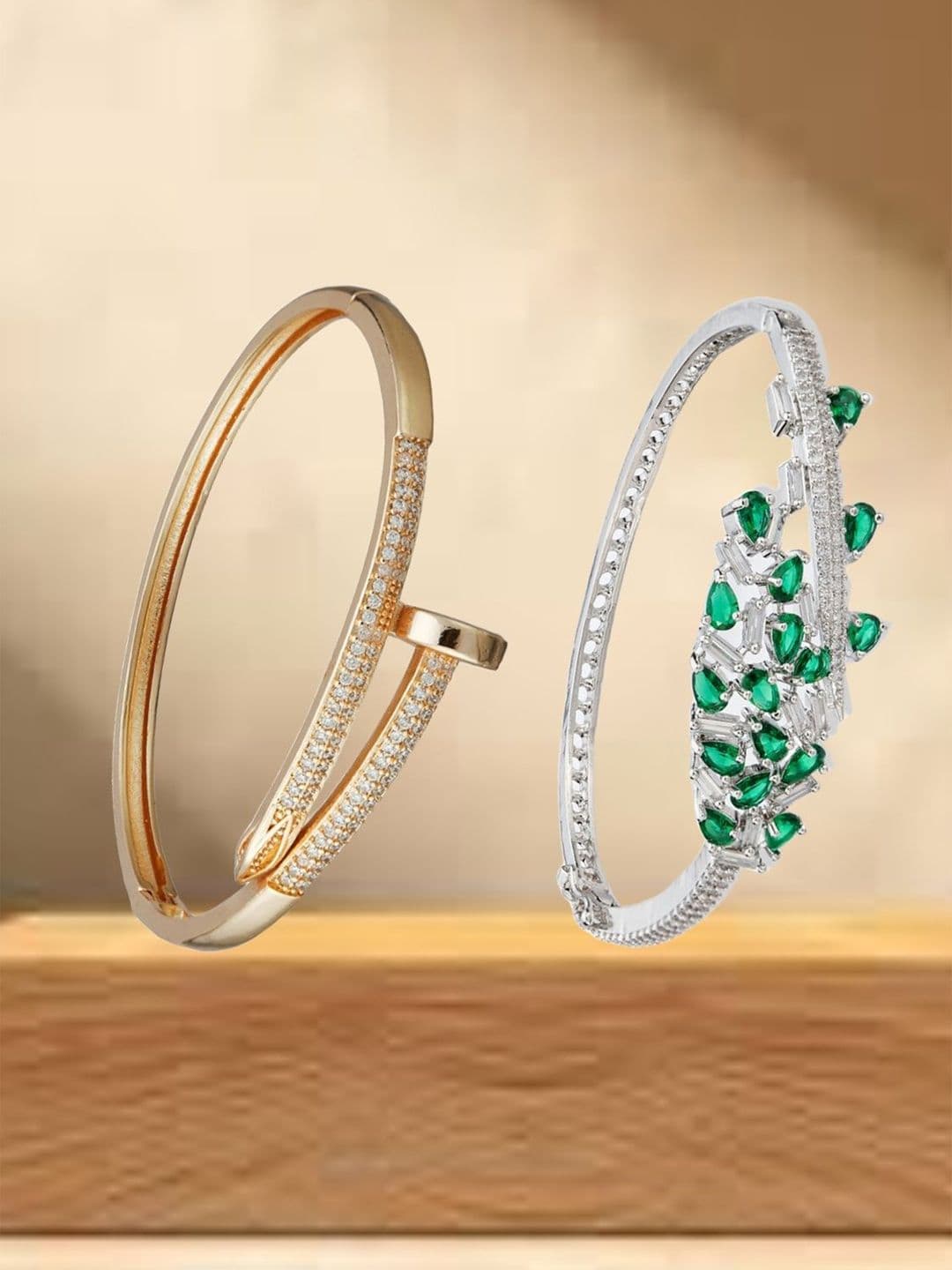 ATIBELLE Women 2 Brass Cubic Zirconia Gold-Plated Bangle-Style Bracelet