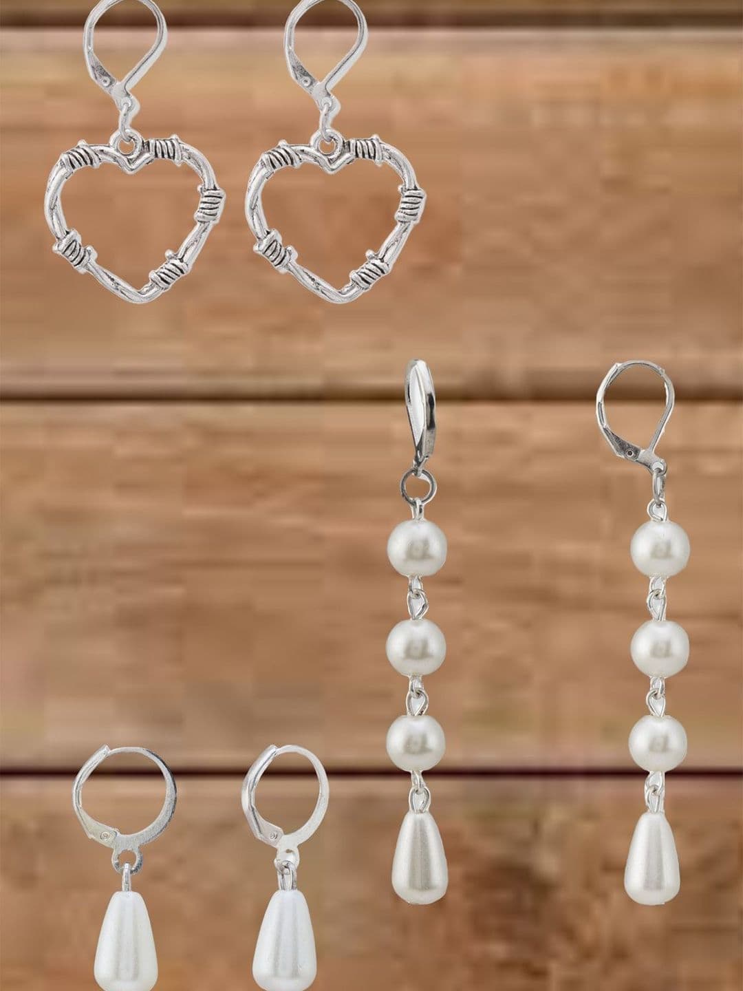 ATIBELLE Set Of 3 German Silver Plated Heart Shaped Drop Earrings