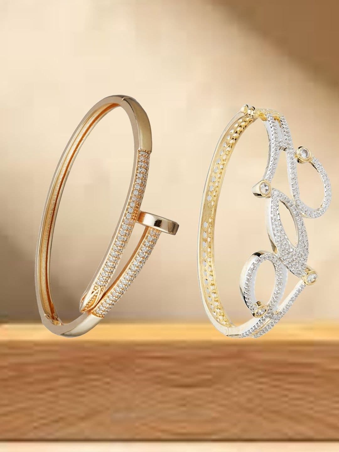 ATIBELLE Women 2 Brass Cubic Zirconia Gold-Plated Bangle-Style Bracelet