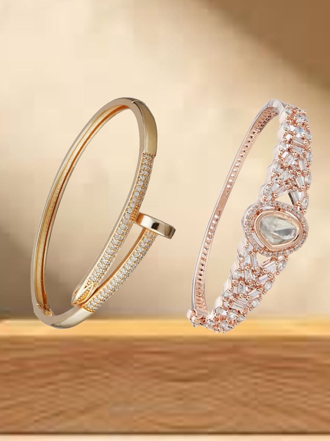 ATIBELLE Women 2 Brass Cubic Zirconia Rose Gold-Plated Bangle-Style Bracelet
