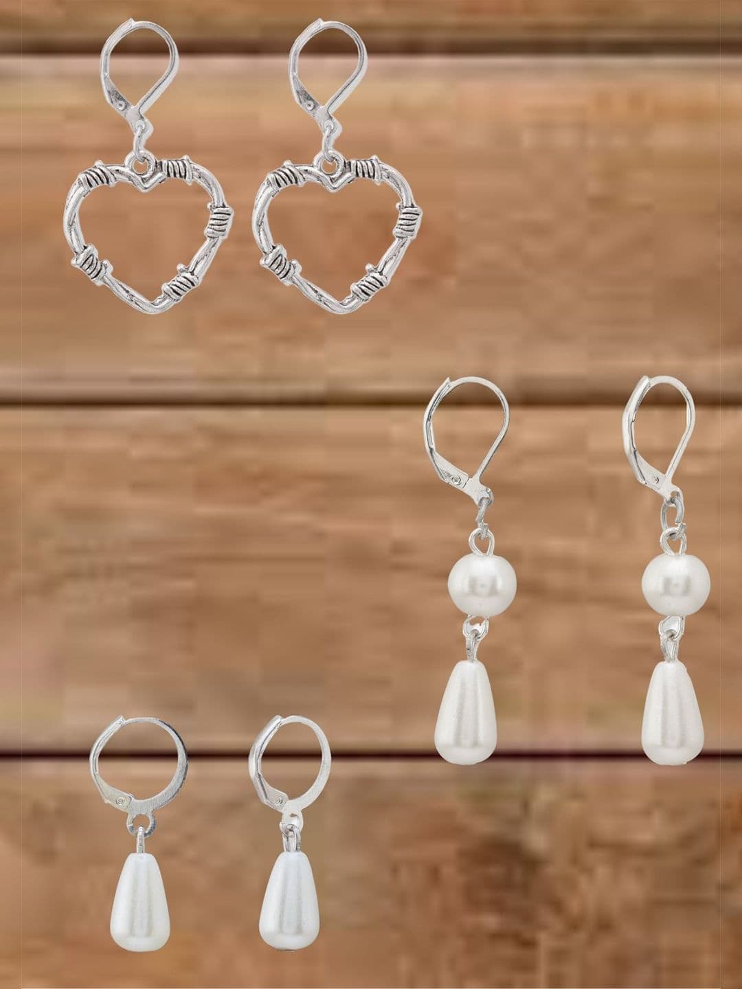 ATIBELLE Set Of 3 German Silver Plated Artificial Beads Heart Shape Drop Earrings - Image 1