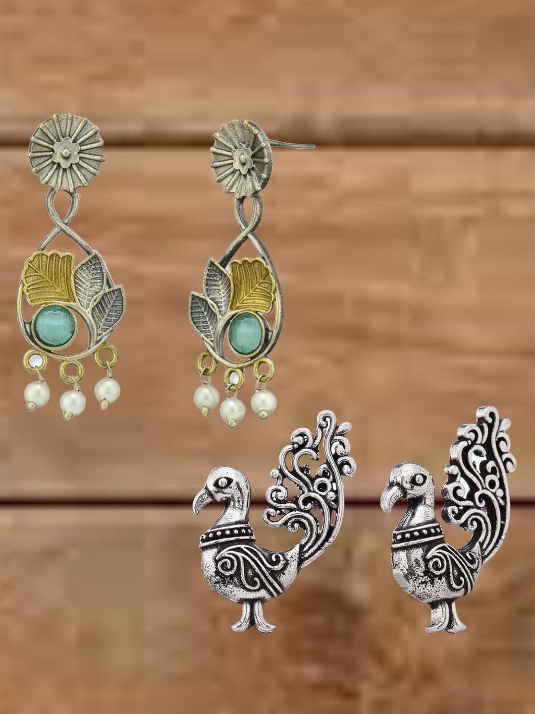 ATIBELLE Set Of 2 German Silver Plated Artificial Stone Studded & Beaded Drop Earrings - Image 1