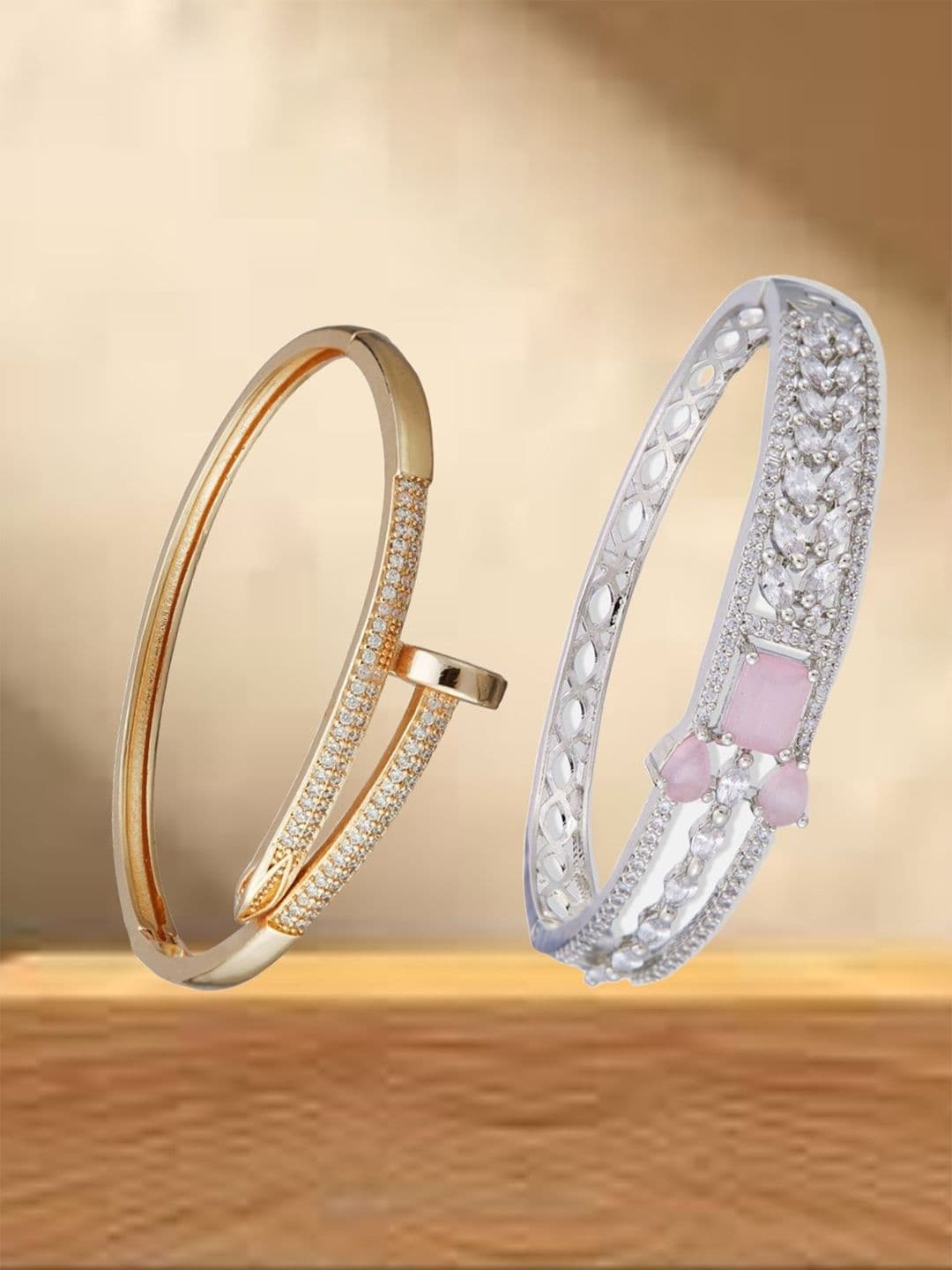 ATIBELLE Women 2 Brass Cubic Zirconia Silver-Plated Bangle-Style Bracelet