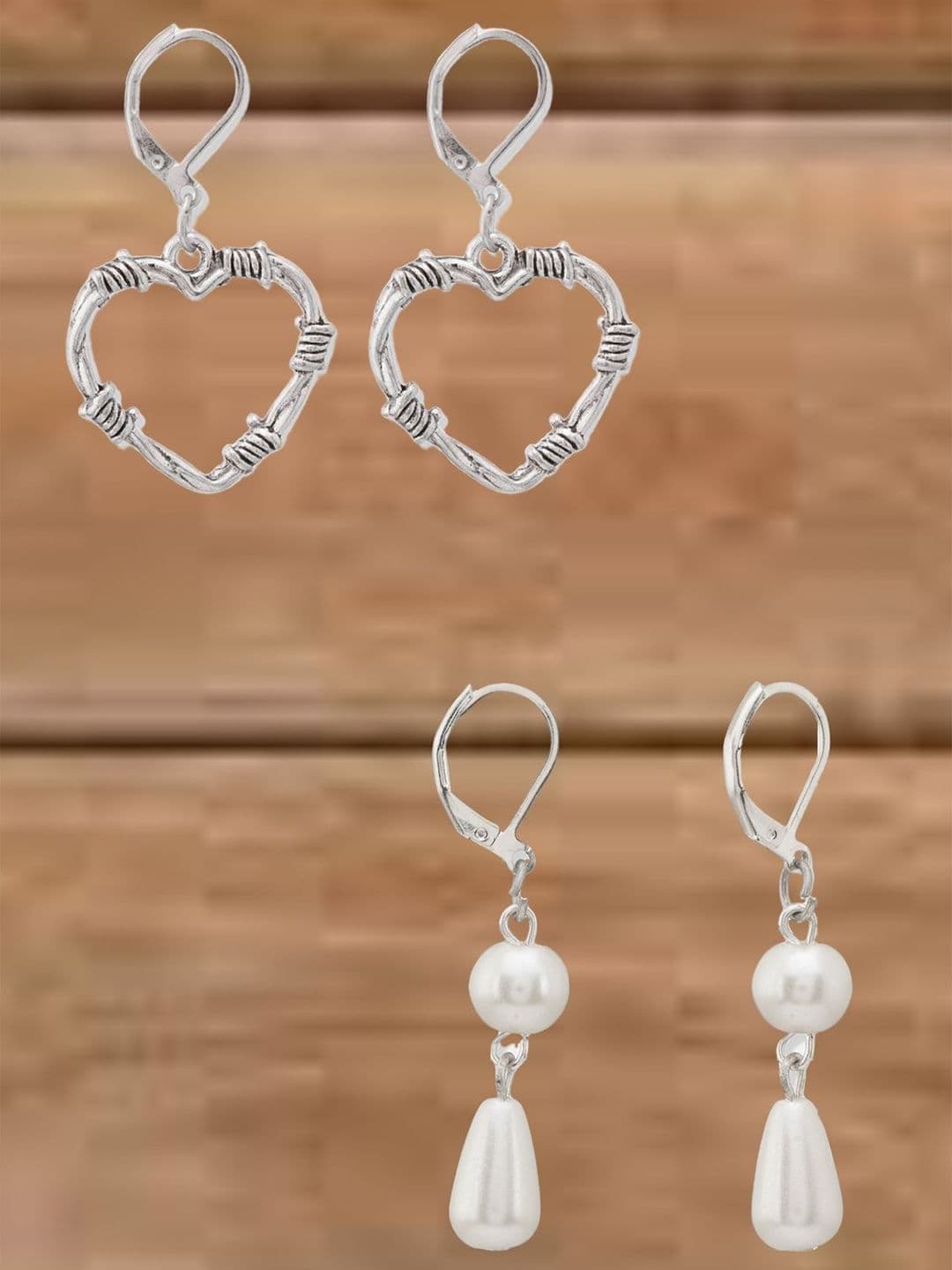 ATIBELLE Set Of 2 German Silver Plated Heart Shaped Drop Earrings - Image 1