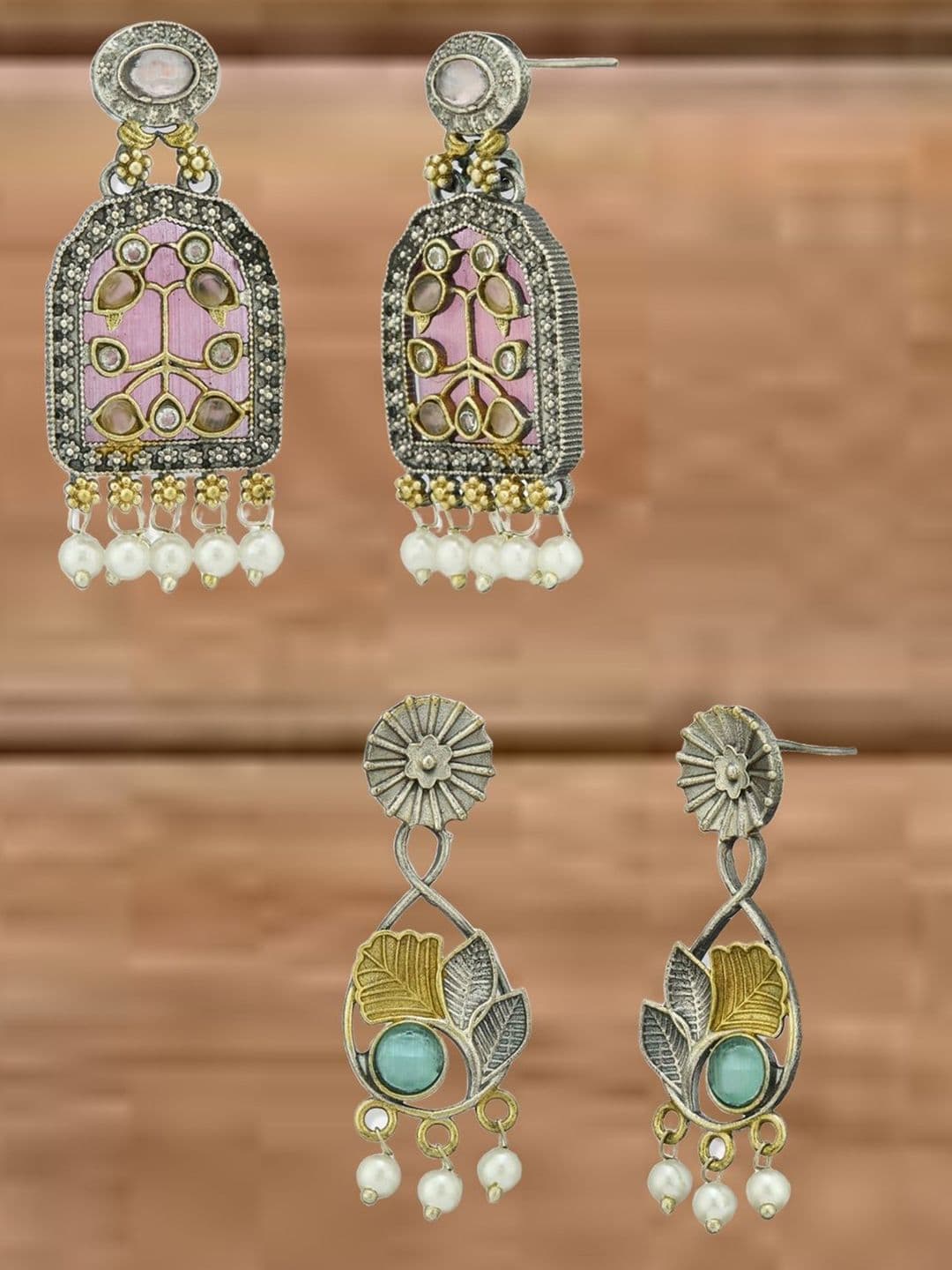 ATIBELLE Set Of 2 German Silver Plated Artificial Stones Studded & Beaded Drop Earrings - Image 1