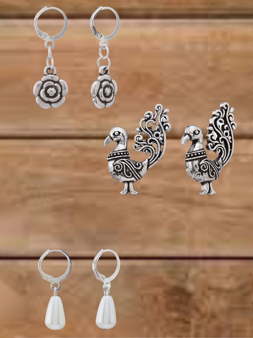ATIBELLE Set Of 3 Silver-Plated Artificial Stones Studded & Beads Beaded Drop Earrings - Image 1