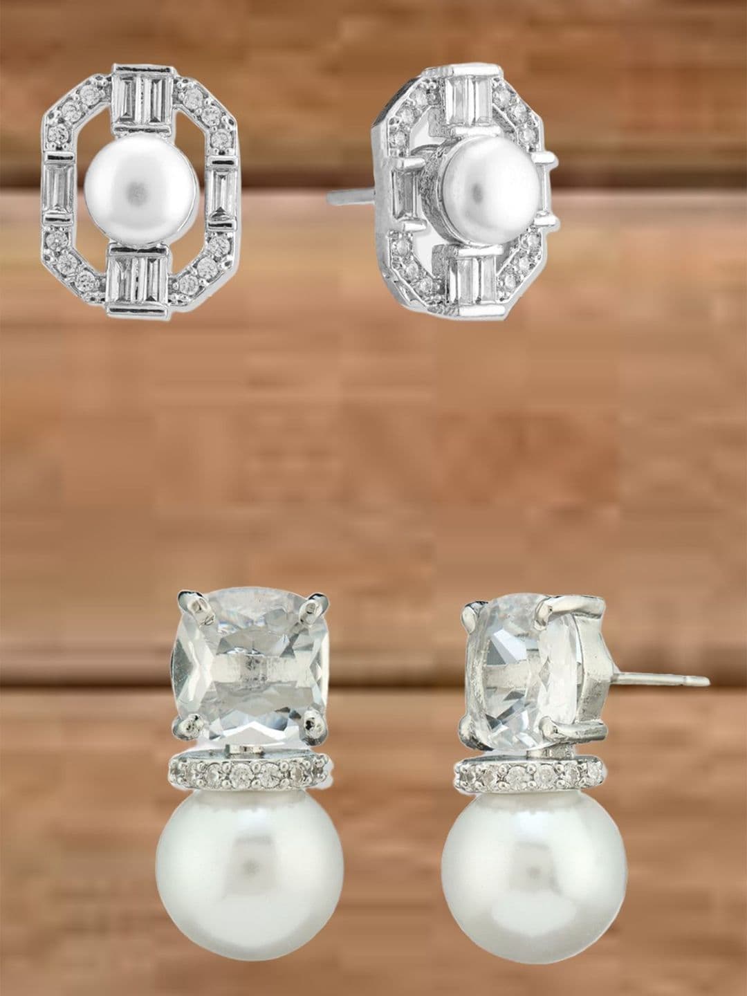 ATIBELLE Set Of 2 Silver Plated Cubic Zirconia Studded Geometric Shape Studs - Image 1