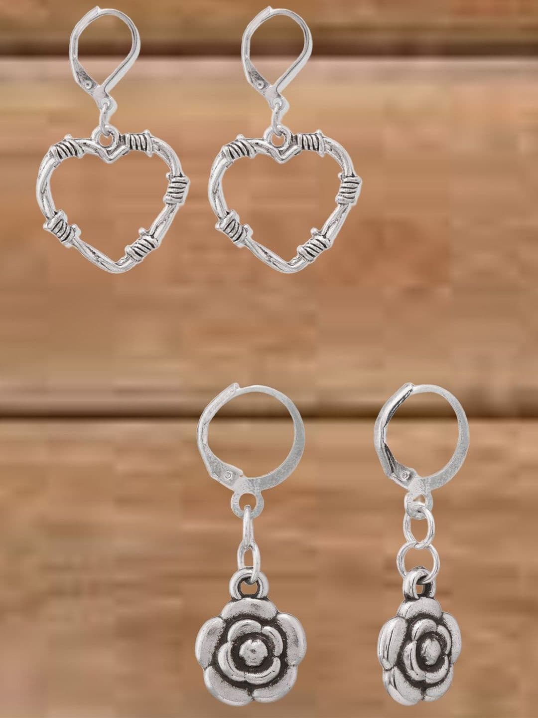 ATIBELLE Set Of 2 German Silver Plated Heart Shape Drop Earrings - Image 1