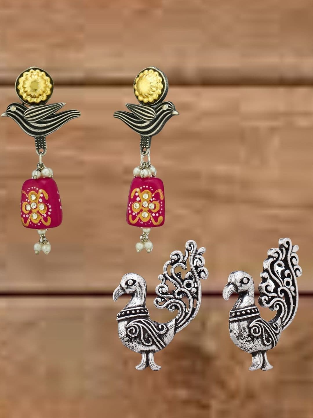 ATIBELLE Set Of 2 German Silver Plated Artificial Stones Studded Peacock Shaped Studs