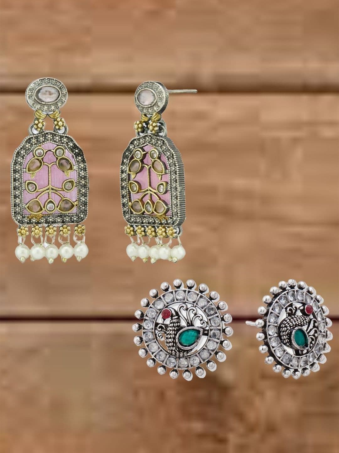 ATIBELLE Set Of 2 German Silver Plated Artificial Stones & Beads Drop Earrings