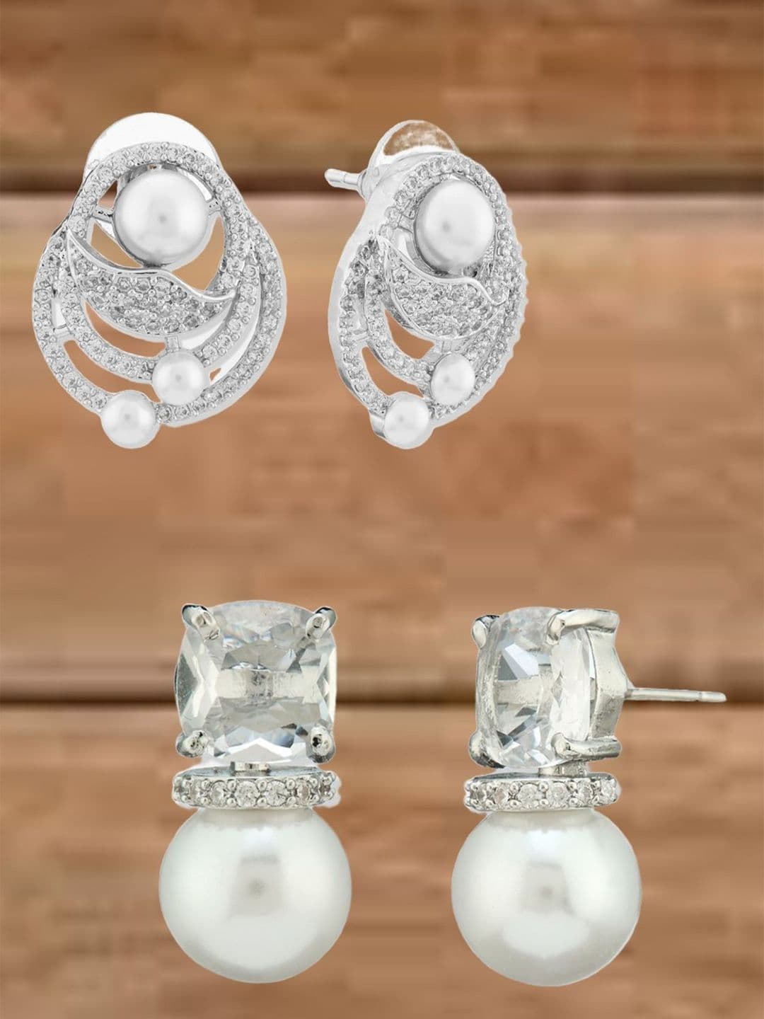 ATIBELLE Silver-Plated Cubic Zirconia Stones Studded Contemporary Studs