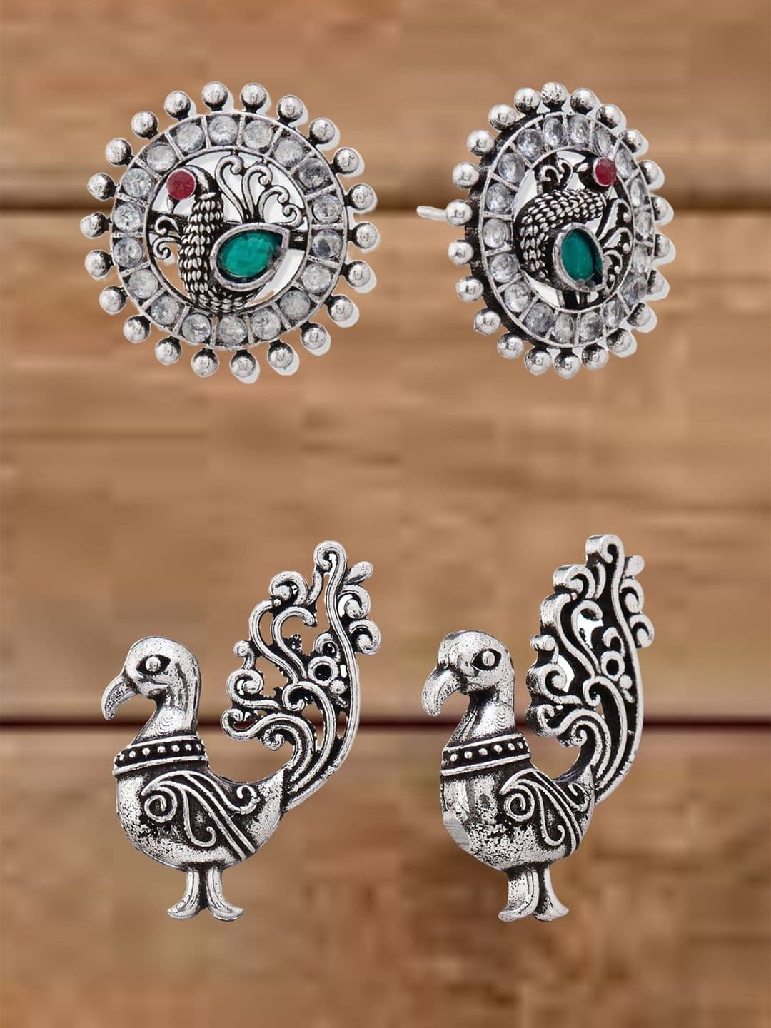 ATIBELLE Set Of 2 German Silver Plated Artificial Stones Studded Peacock Shaped Studs - Image 1