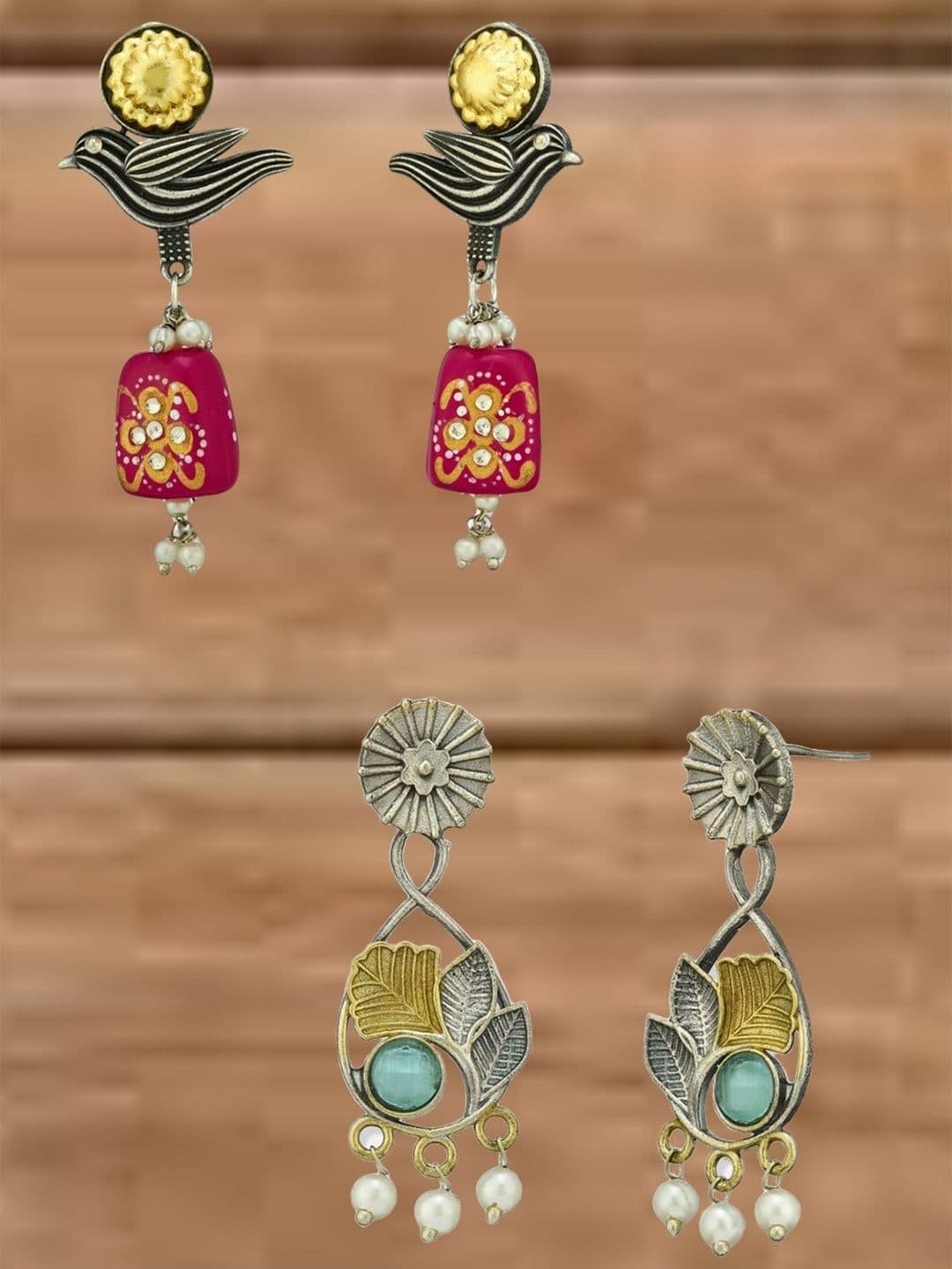 ATIBELLE Set Of 2 German Silver Artificial Stones Studded And Beaded Drop Earrings - Image 1