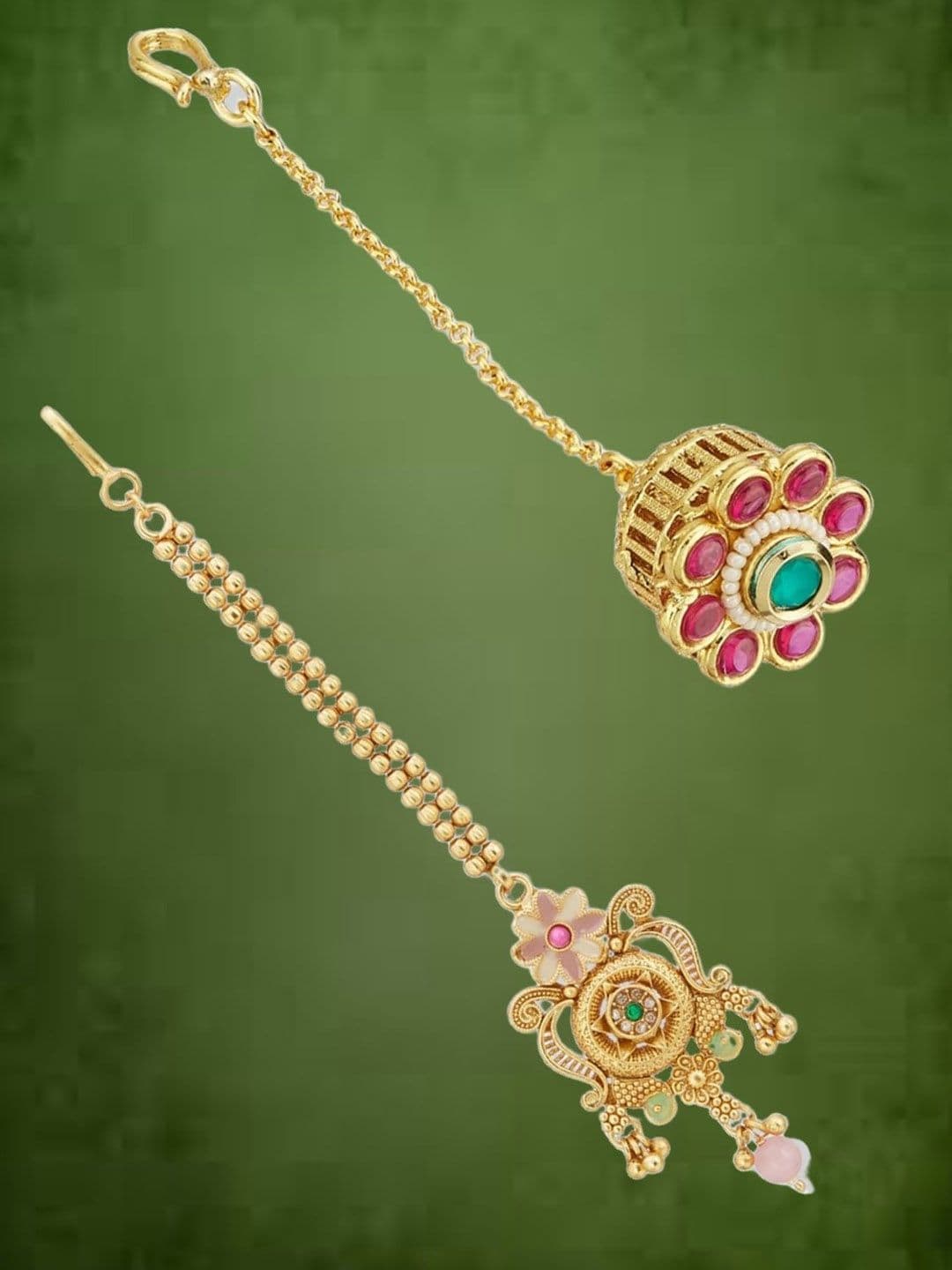 ATIBELLE Set of 2 Gold-Plated Stone Studded and Rajasthani Borla Beaded Maang Tikkas