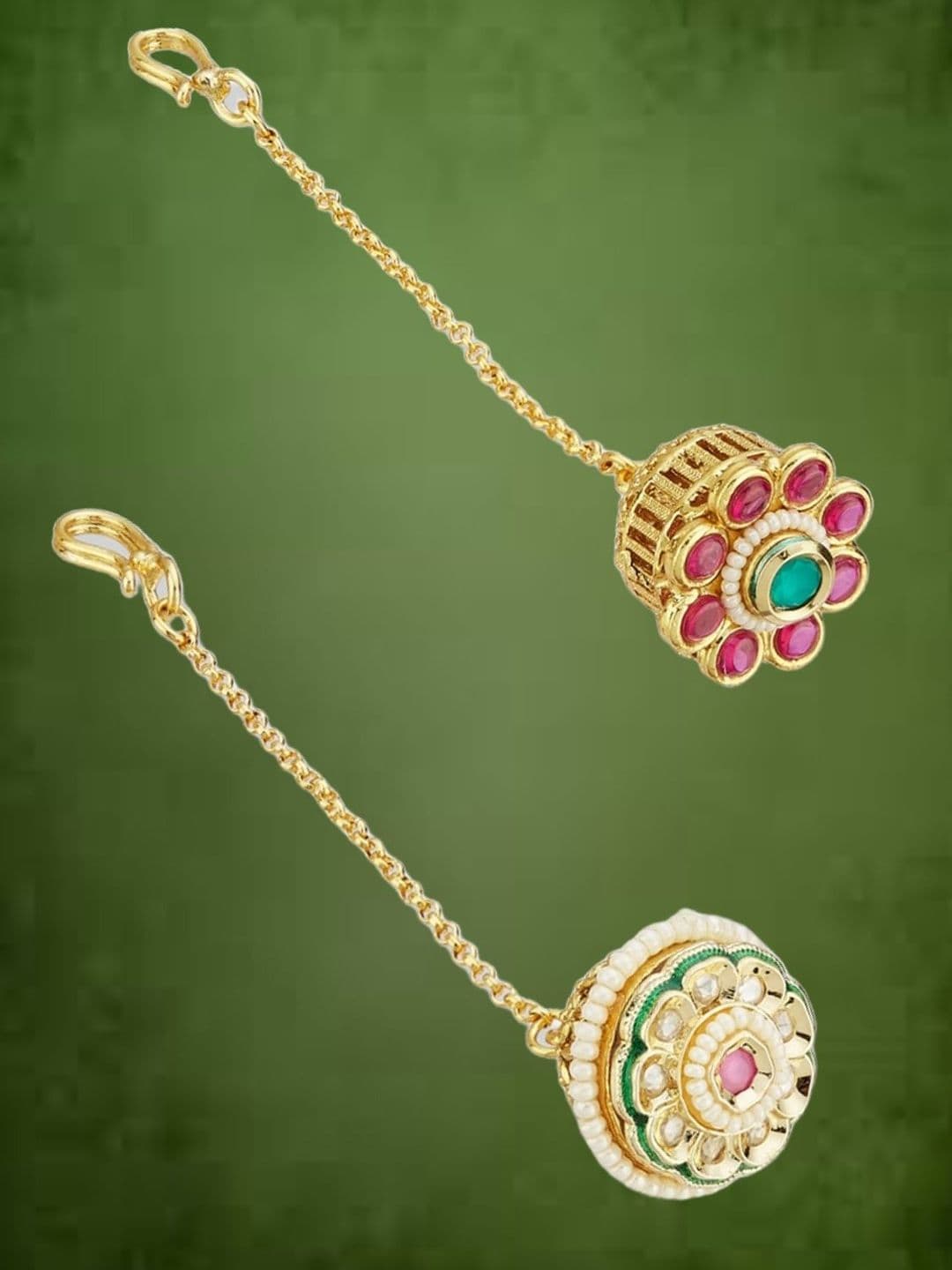 ATIBELLE Set of 2 Gold-Plated Stone Studded and Rajasthani Borla Beaded Maang Tikkas