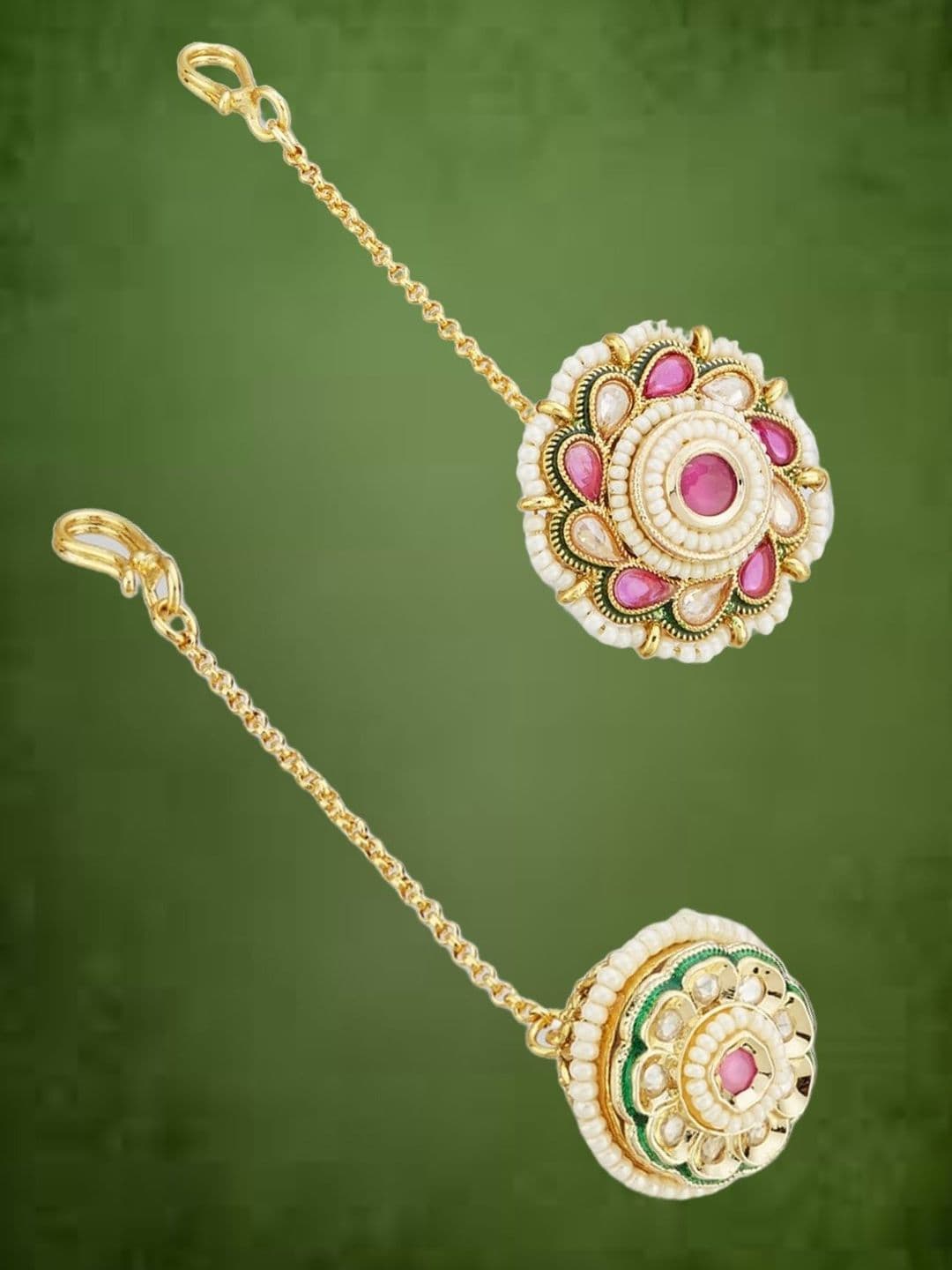 ATIBELLE Set of 2 Gold-Plated Stone Studded and Rajasthani Borla Beaded Maang Tikkas