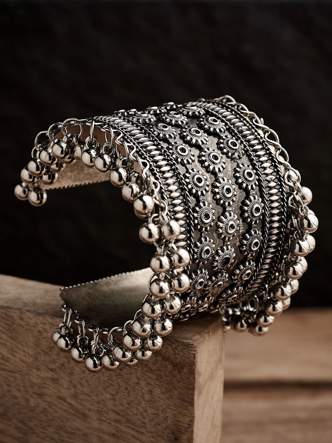 ATIBELLE Silver-Plated Floral Inspired Bangle With Beads Drop - Image 1