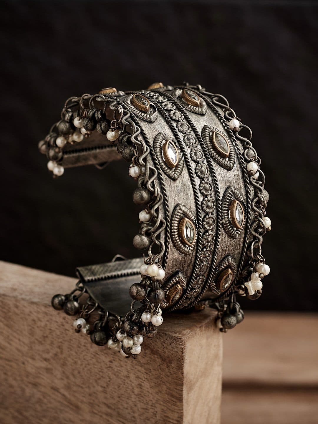 ATIBELLE Silver-Plated Ghunghroo and Beads-Studded Oxidised Bangle - Image 1