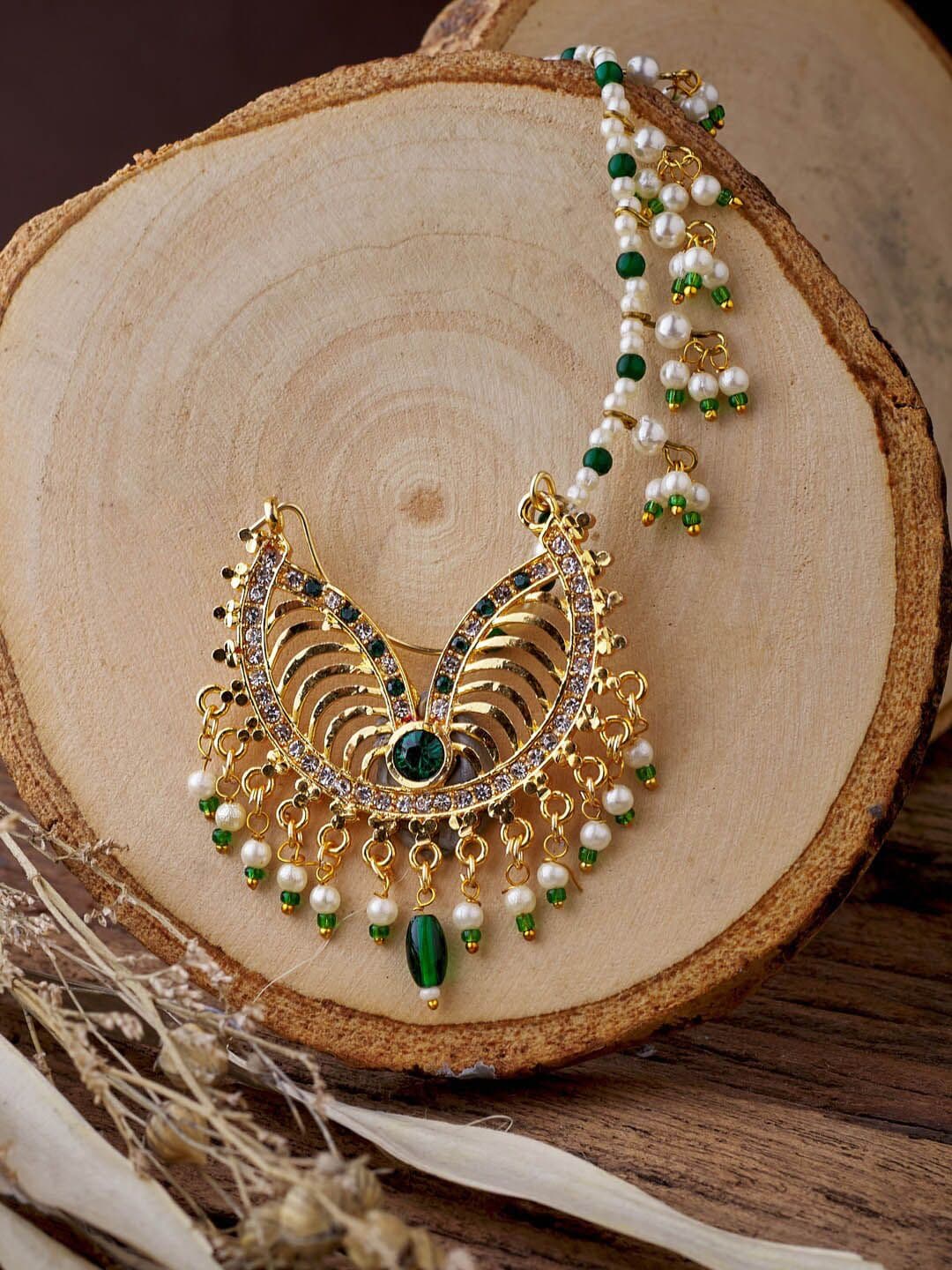 ATIBELLE Gold-Plated Stone-Studded & Enamelled Insert Nosepin With Beaded Extension - Image 1
