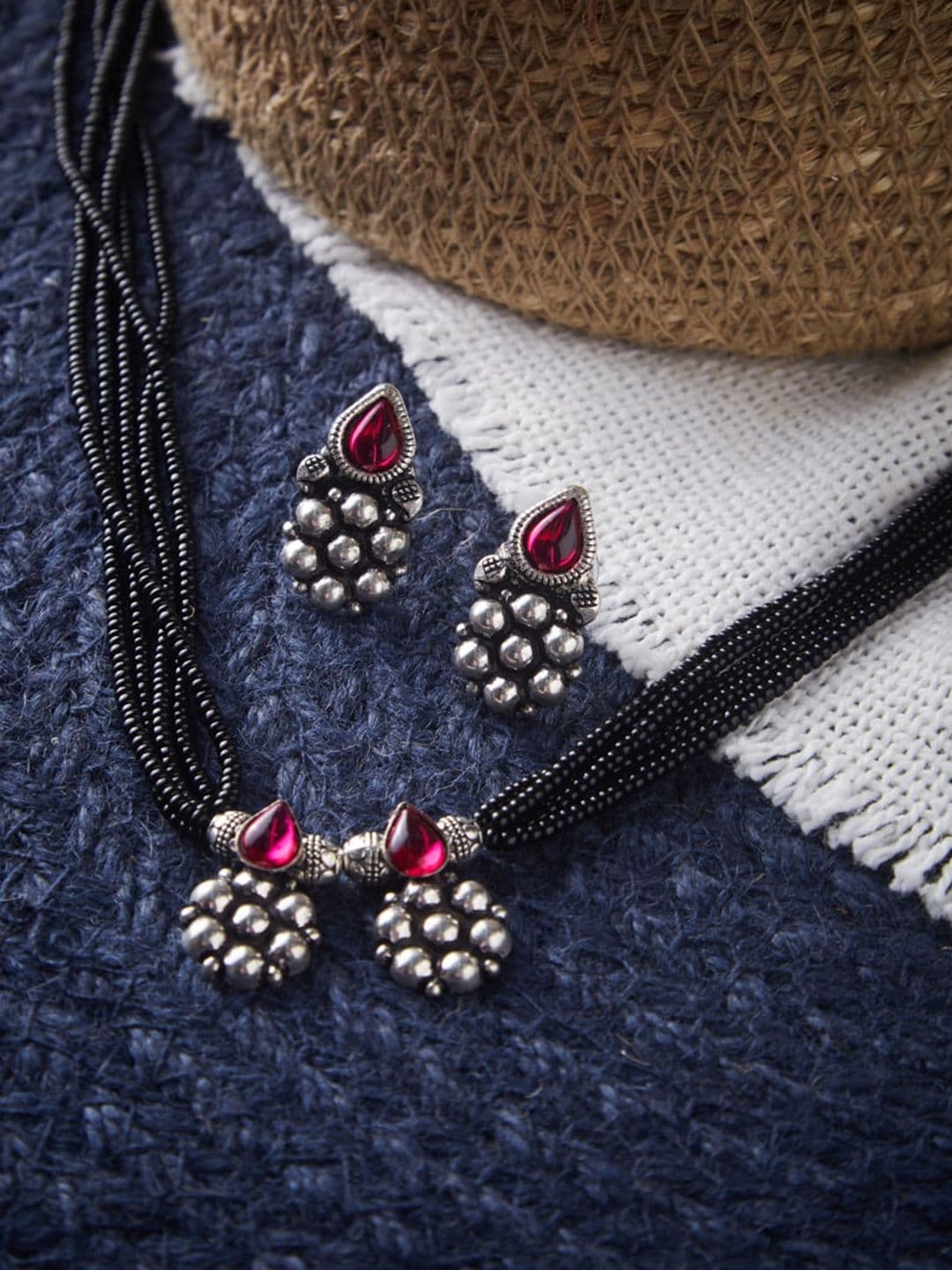 ATIBELLE Oxidised Silver-Plated Stone-Studded Beaded Mangalsutra With Earrings