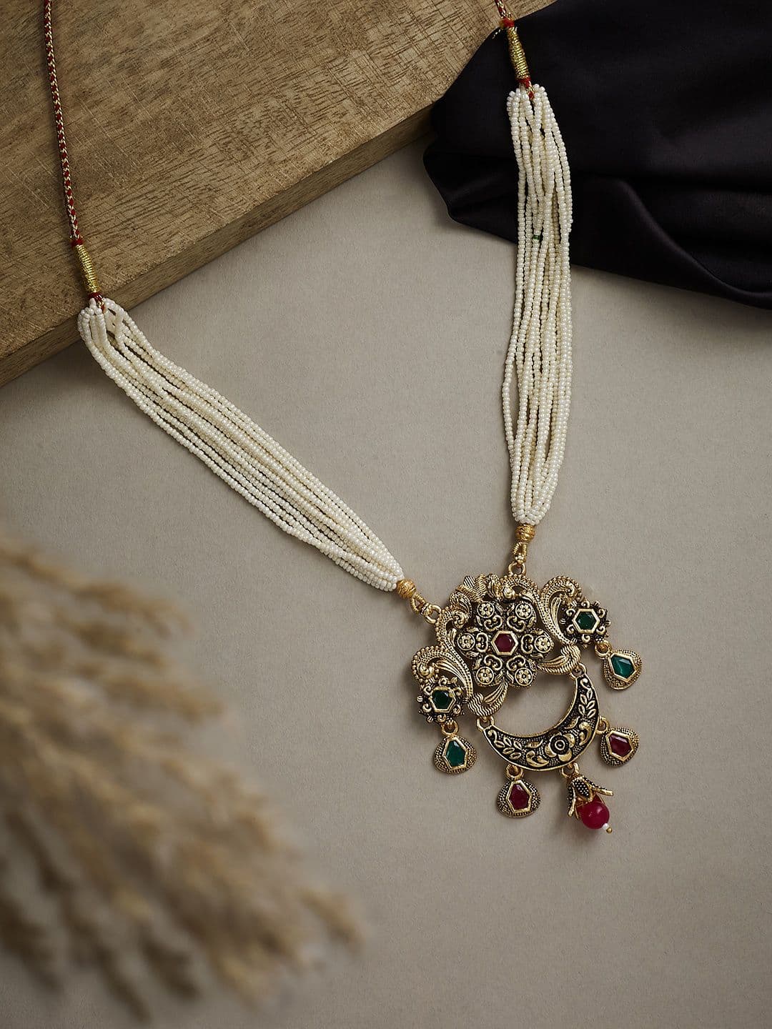 ATIBELLE Gold-Plated Stone Studded & Beaded Antique Necklace - Image 1