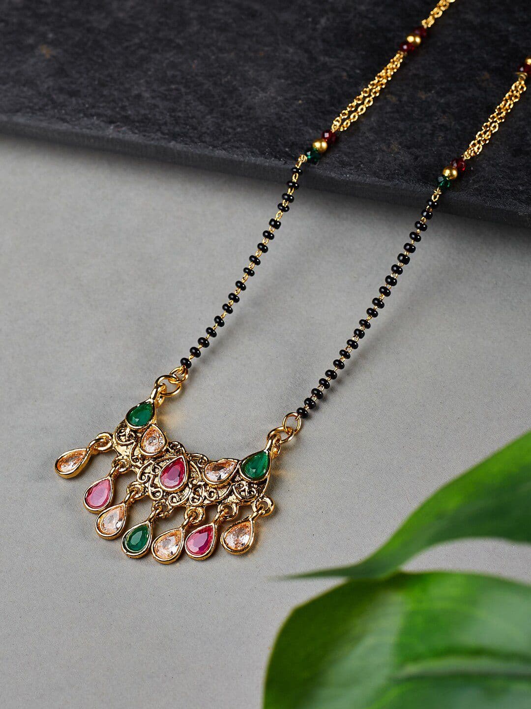 ATIBELLE Gold-Plated Stone-Studded & Beaded Mangalsutra - Image 1