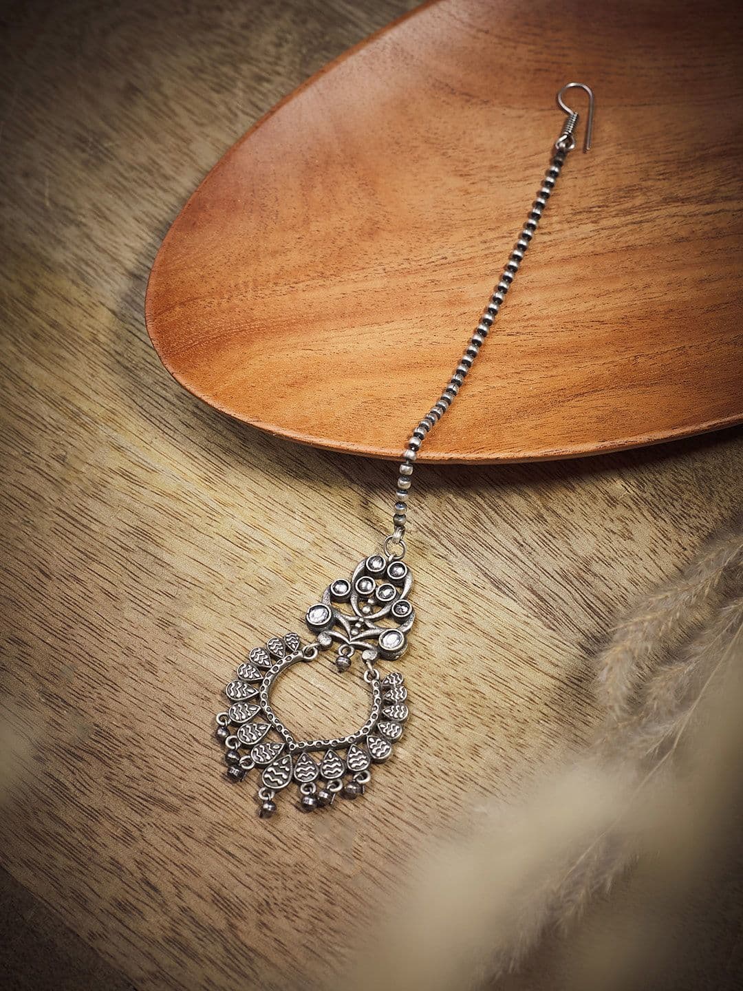 ATIBELLE Oxidized Silver-Plated Amethyst Studded & Beaded Maangtikka - Image 1