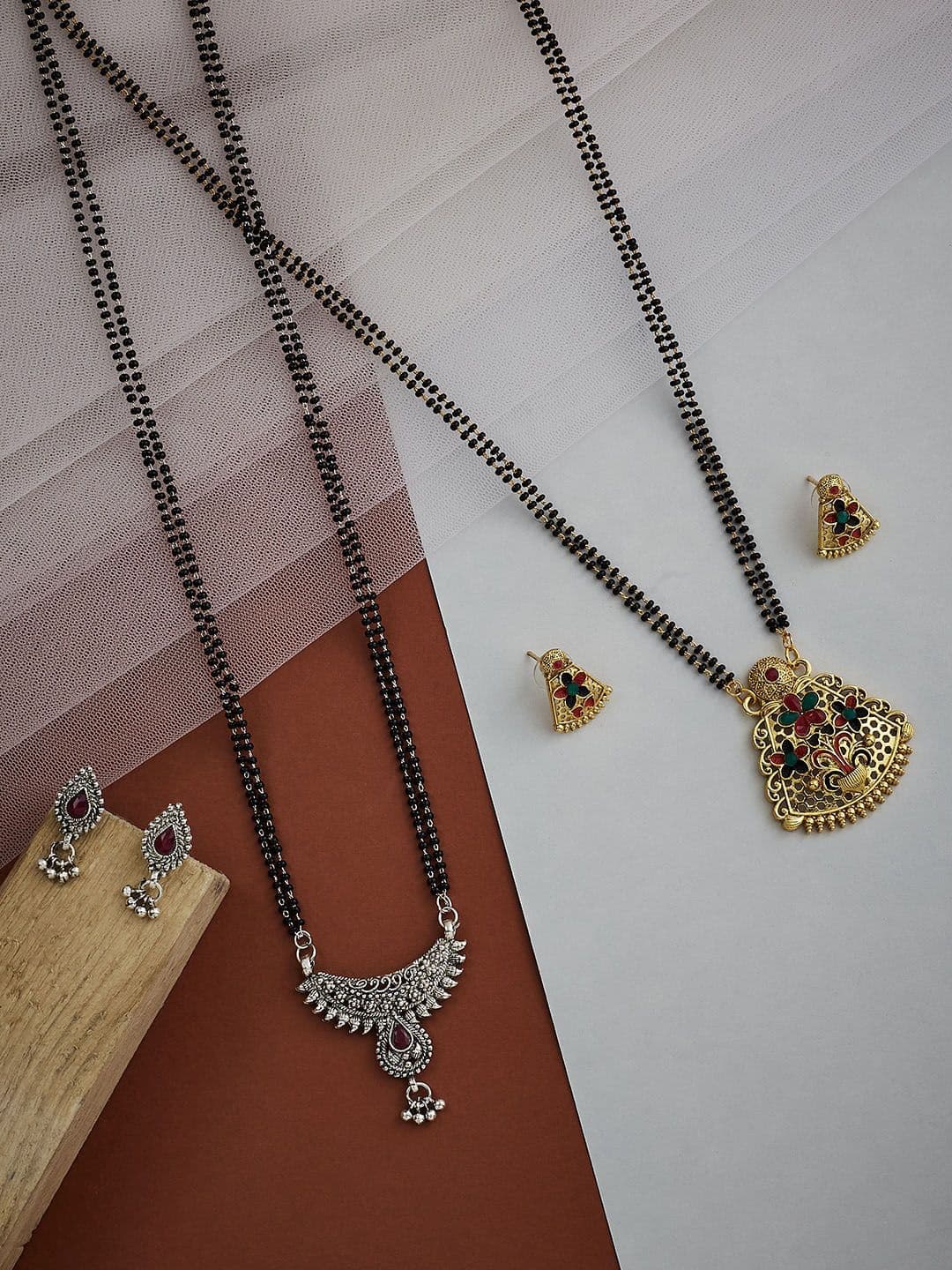 ATIBELLE Set Of 2 Gold-Plated Stone-Studded & Beaded Mangalsutra - Image 1