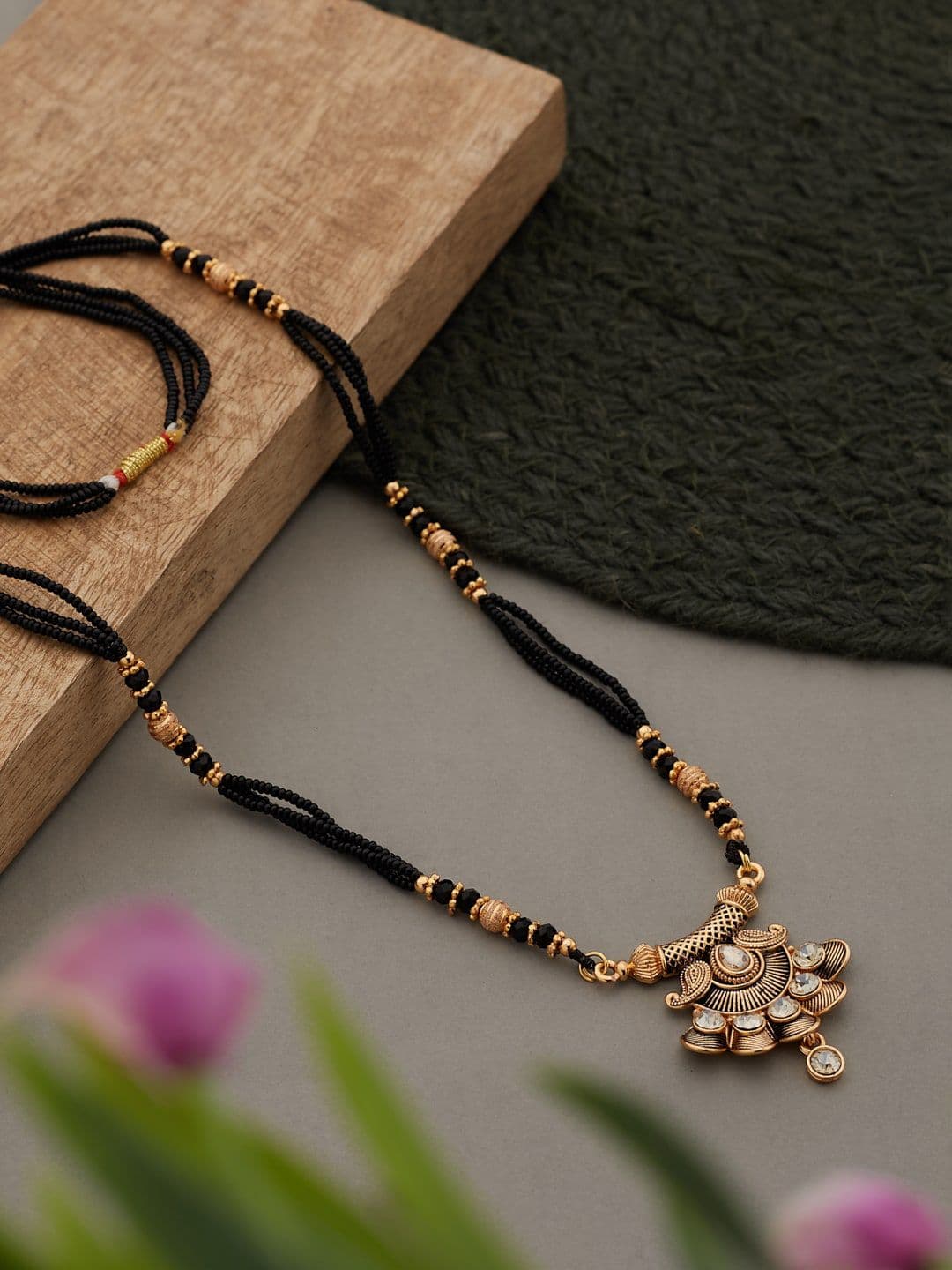 ATIBELLE Gold-Plated Stones-Studded & Beaded Mangalsutra - Image 1