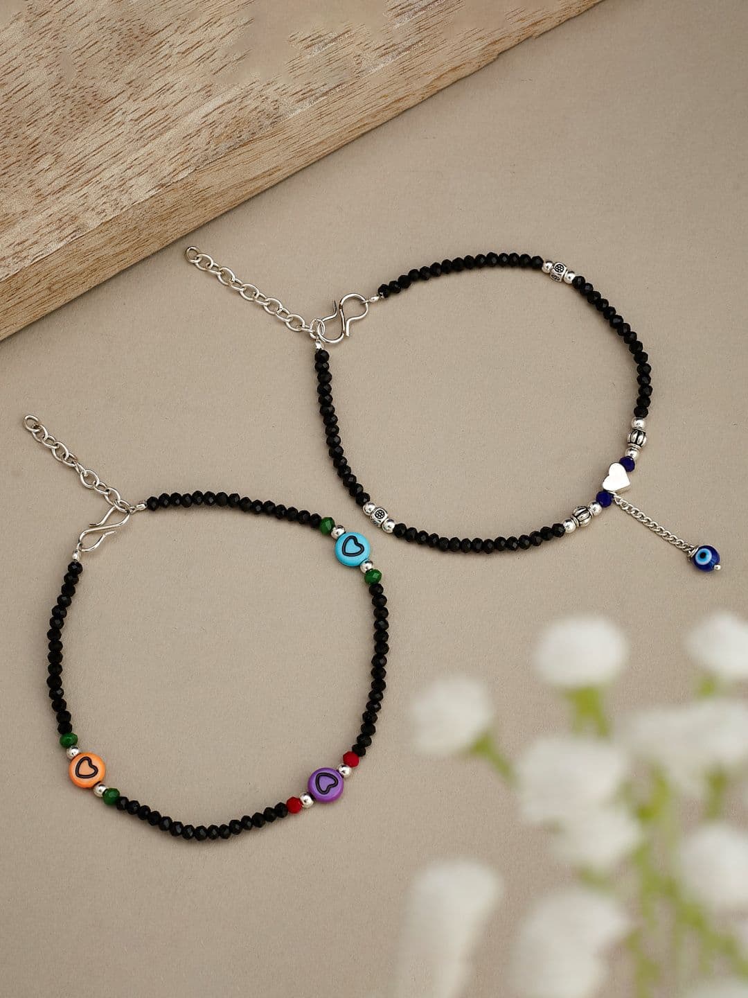 ATIBELLE Set of 2 Silver-Plated Stone-Studded & Beaded Evil-Eye Anklets - Image 1