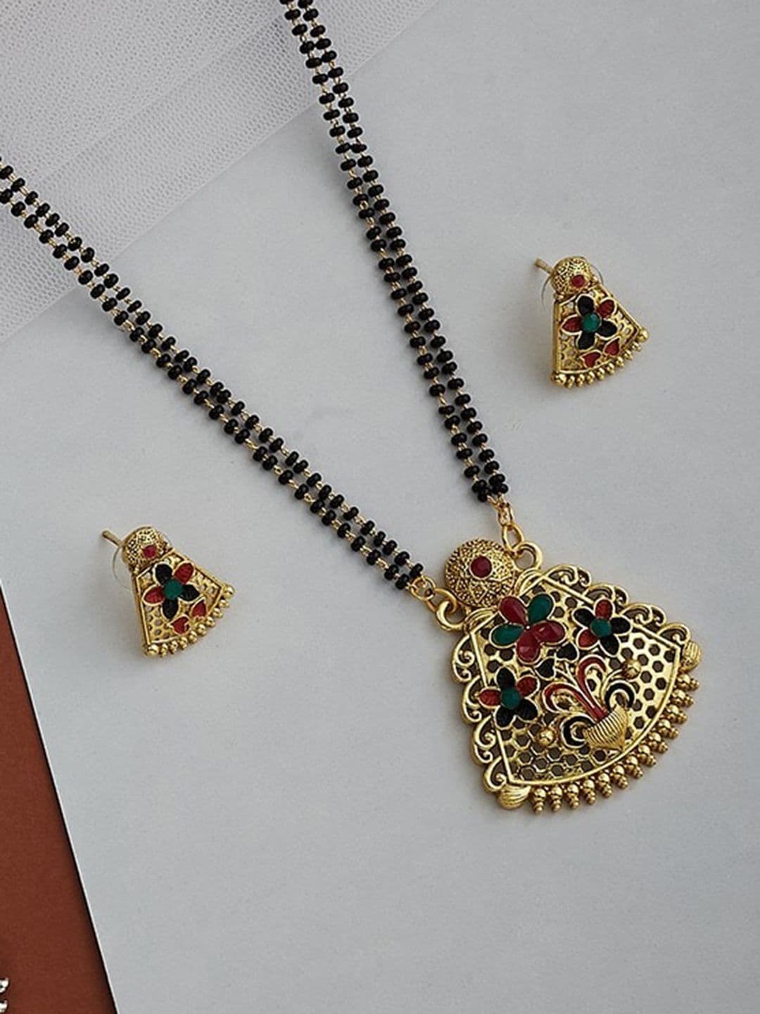 ATIBELLE Gold-Plated Pink Stone-Studded & Beaded Mangalsutra With Earrings - Image 1