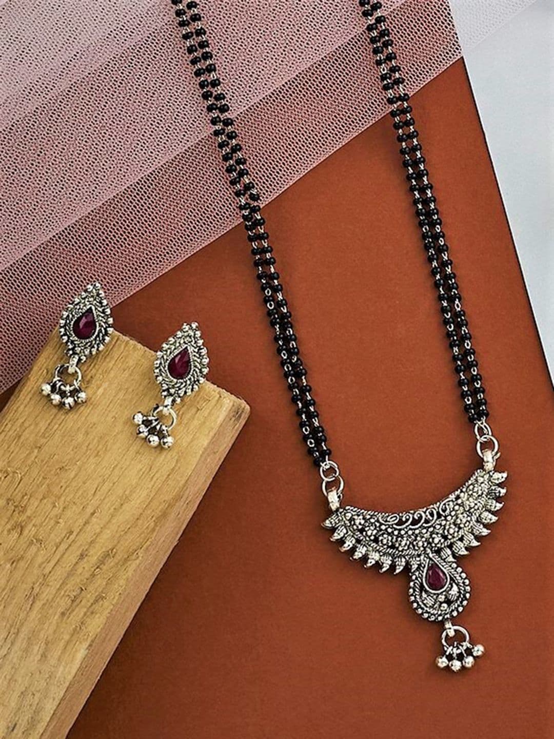 ATIBELLE Silver-Plated Stone-Studded & Black Beaded Mangalsutra With Earrings - Image 1