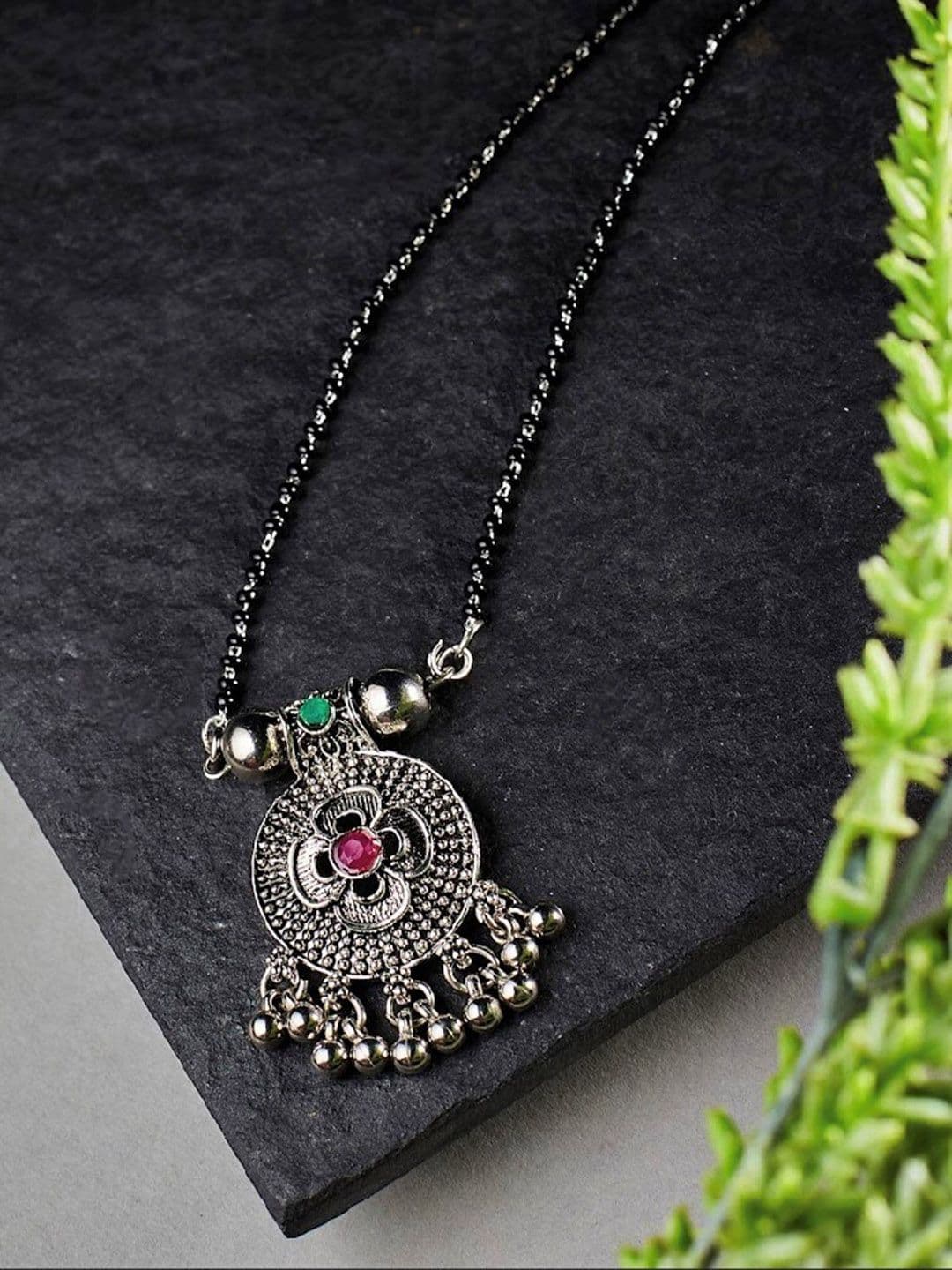 ATIBELLE Silver-Plated Stone-Studded & Beaded Mangalsutra - Image 1