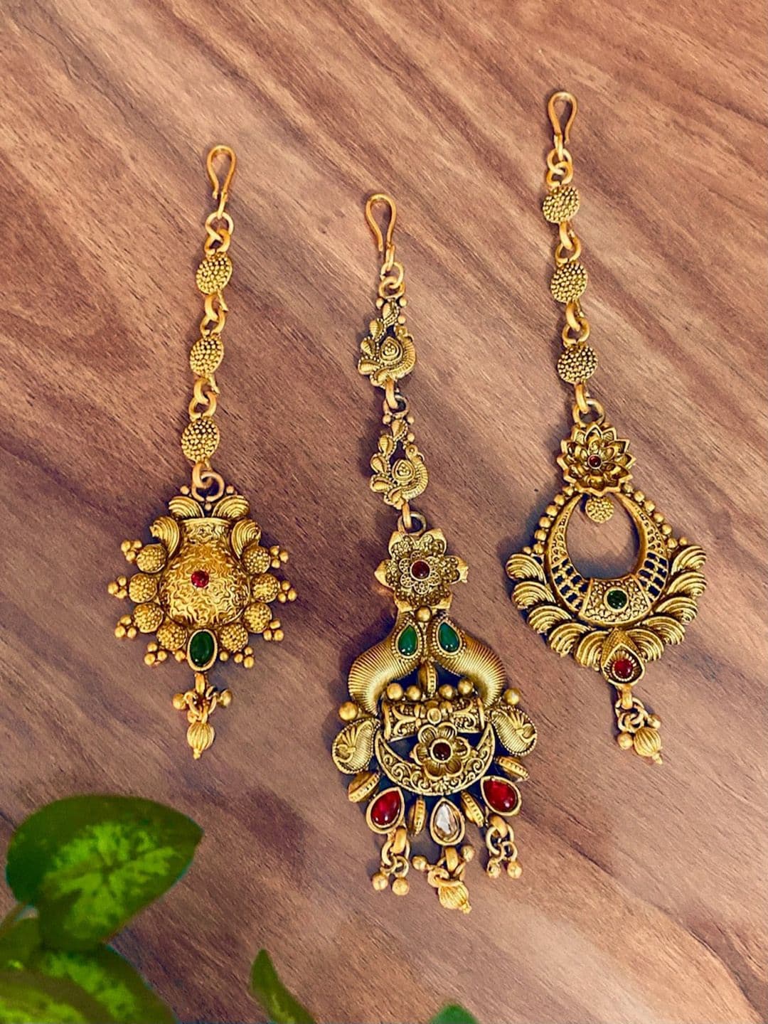ATIBELLE Set Of 3 Gold-Plated Stone Studded & Beaded Maang Tikka - Image 1