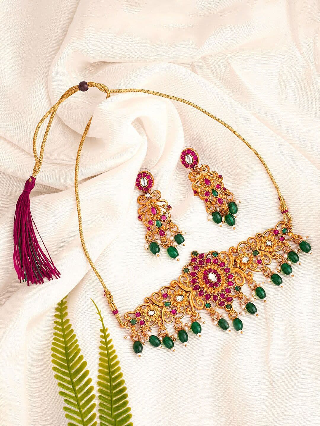 ATIBELLE Gold-Plated Stone-Studded & Beaded Necklace & Earrings - Image 1